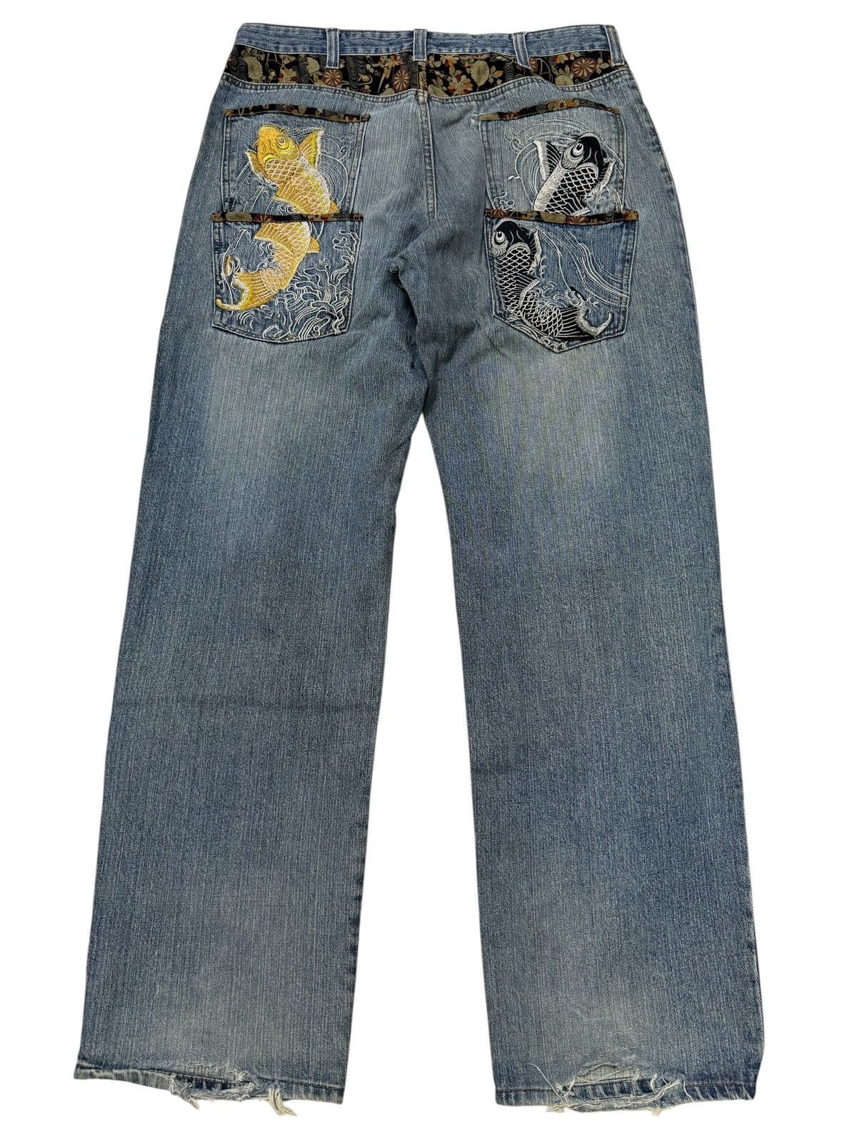 Japanese Brand Dominate Handcrafted Sukajan Embroidered Koi Fish Jeans Size US 34 / EU 50 - 1 Thumbnail