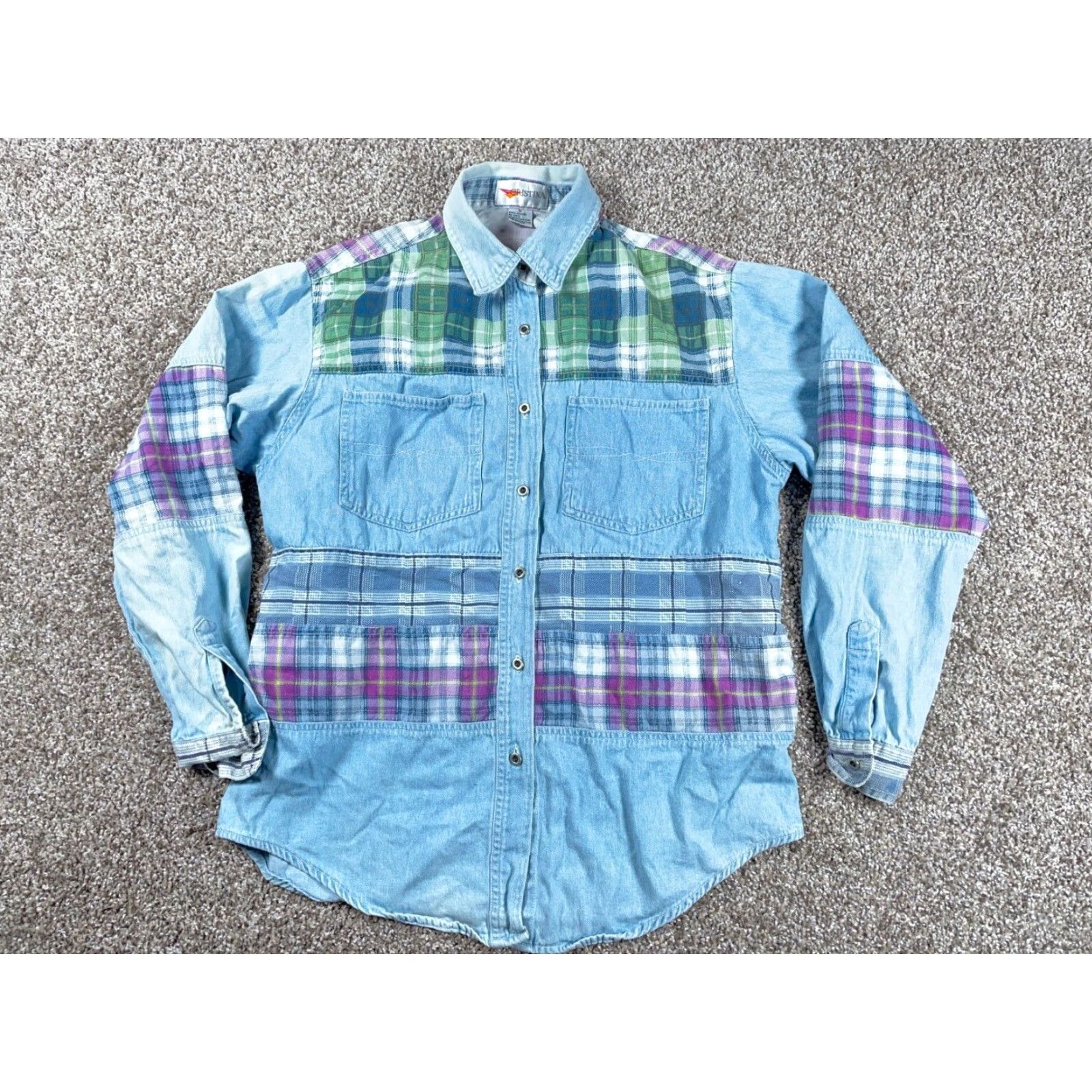Vintage VINTAGE 90s Cristina Denim Plaid Patchwork Shirt Women's Medium Light Blue Casual Long Sleeve Button-Up Size L / US 10 / IT 46 - 2 Thumbnail