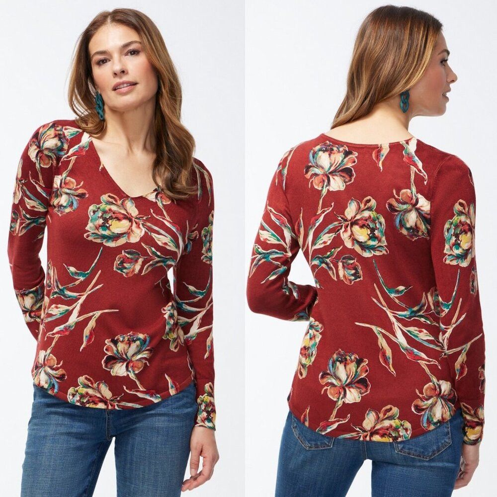 Chicos New Chico's Spun Rayon Floral V-Neck Sweater Size 1 US M Size M / US 6-8 / IT 42-44 - 1 Thumbnail