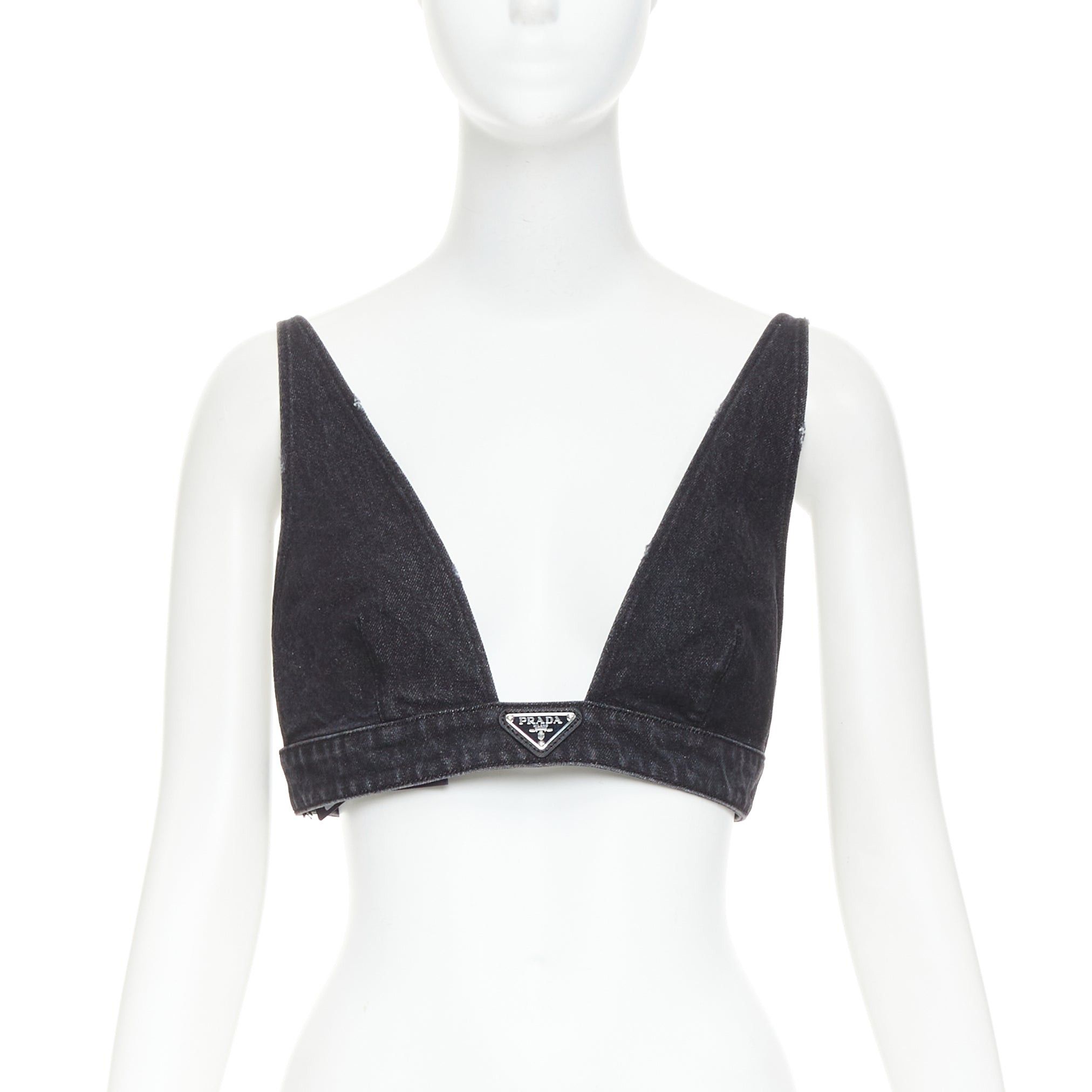 Prada PRADA 2022 dark grey denim black triangle logo plaque bralette crop top IT42 M Size M / US 6-8 / IT 42-44 - 1 Thumbnail