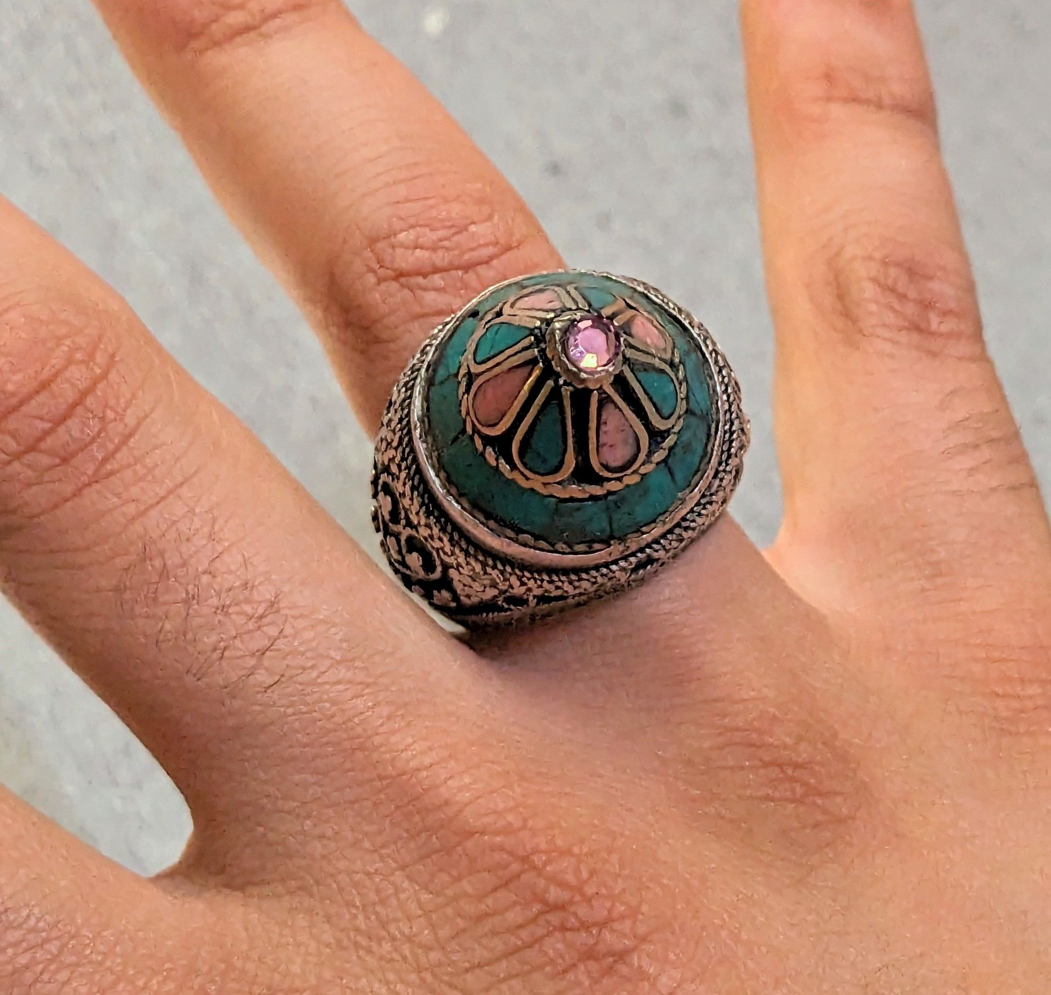 Jewelry Vintage Coral Turquoise Ring 8.5 Tribal Kuchi Afghanistan Size ONE SIZE - 17 Thumbnail