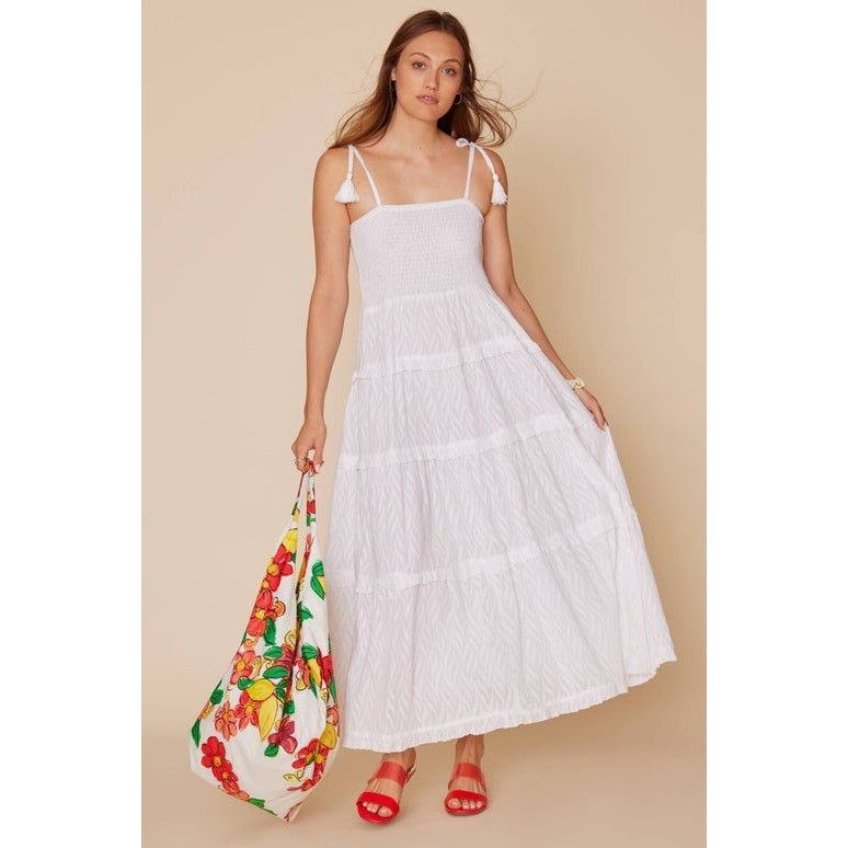 Other Dianora White Smocked Jacquard Strap Maxi Dress Large Size L / US 10 / IT 46 - 1 Preview