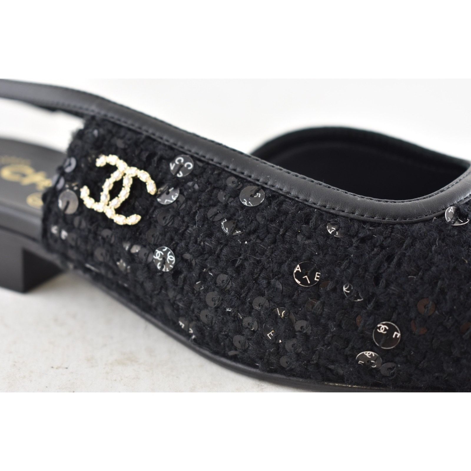 Chanel Chanel Black Wool Tweed Patent CC Slingback Flat 38 Size US 8 / IT 38 - 7 Thumbnail