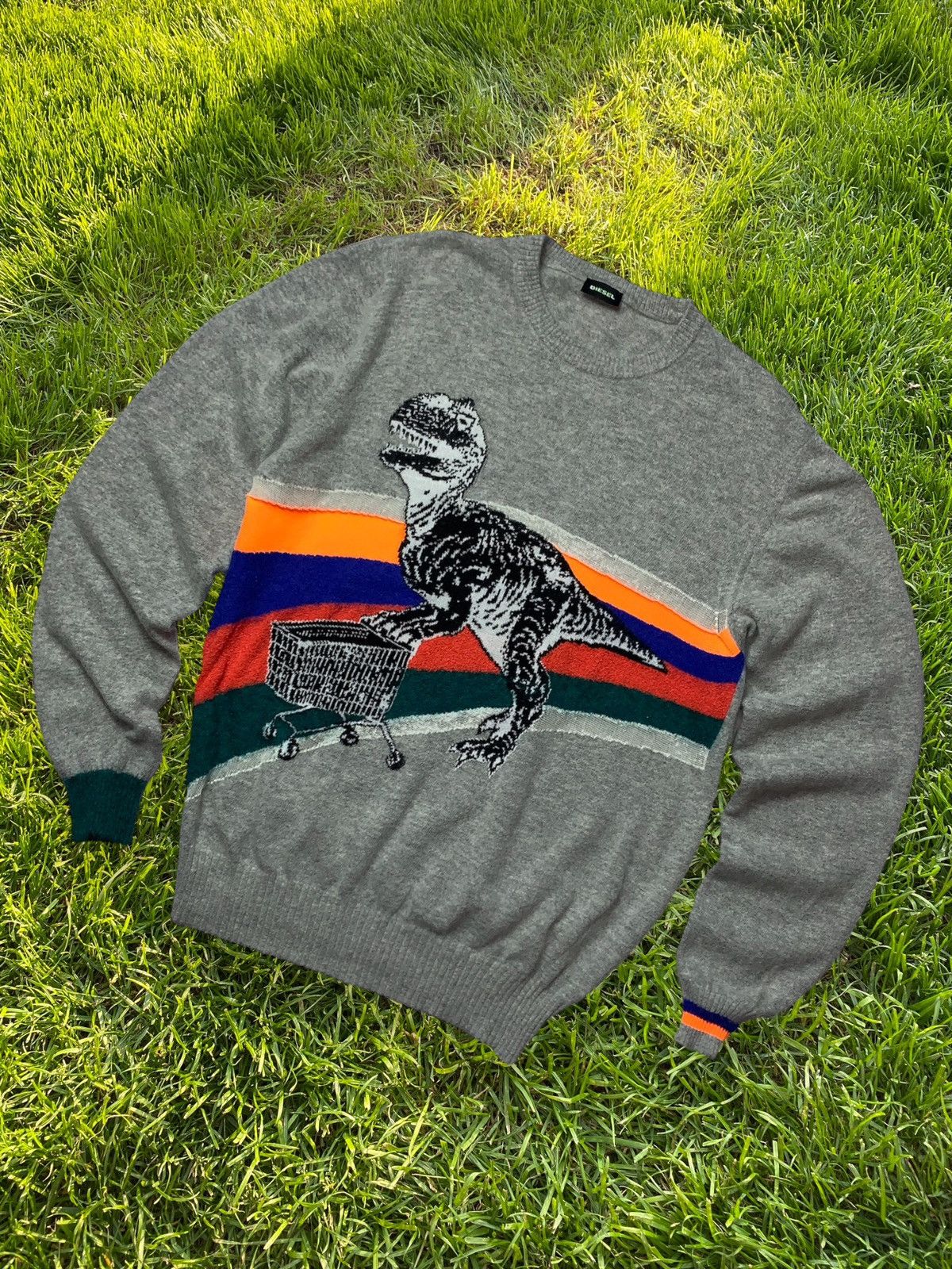 image of Diesel Sweater Big Logo Multi Color Wool XL Y2K Dino in Grey, Men's