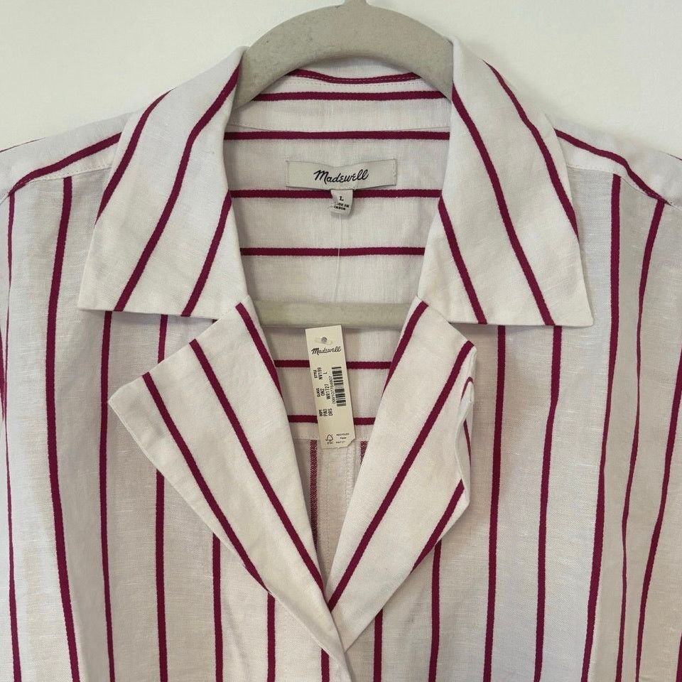 Madewell NWT Madewell Collar Shirt in Linen-Cotton Dark Rose Stripe L Size L / US 10 / IT 46 - 5 Thumbnail