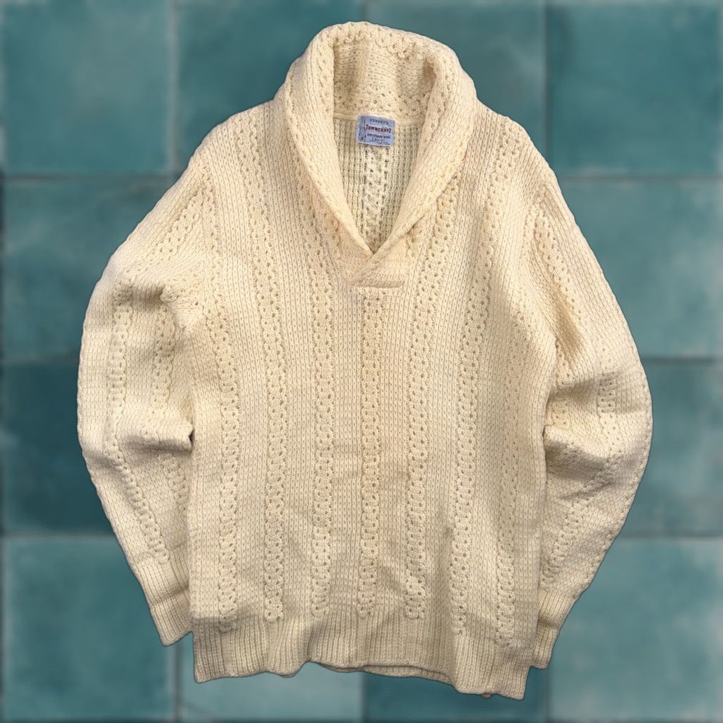 JCPenney Penneys Sweater Mens L Cream Wool Knit Shawl Collar Fisherman Heritage Rockabilly 1950s Size US L / EU 52-54 / 3 - 1 Thumbnail