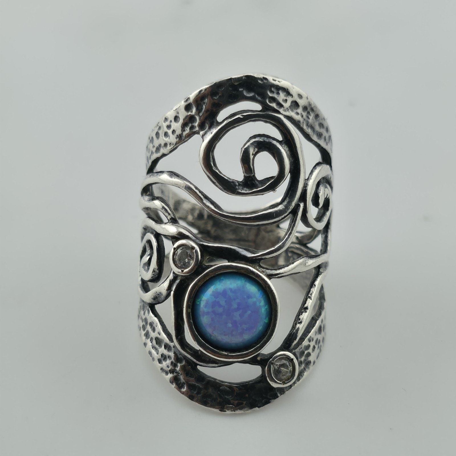 Other Israel Sterling Silver Ring 8 Blue Opal Wide Band Abstract Size ONE SIZE - 3 Thumbnail