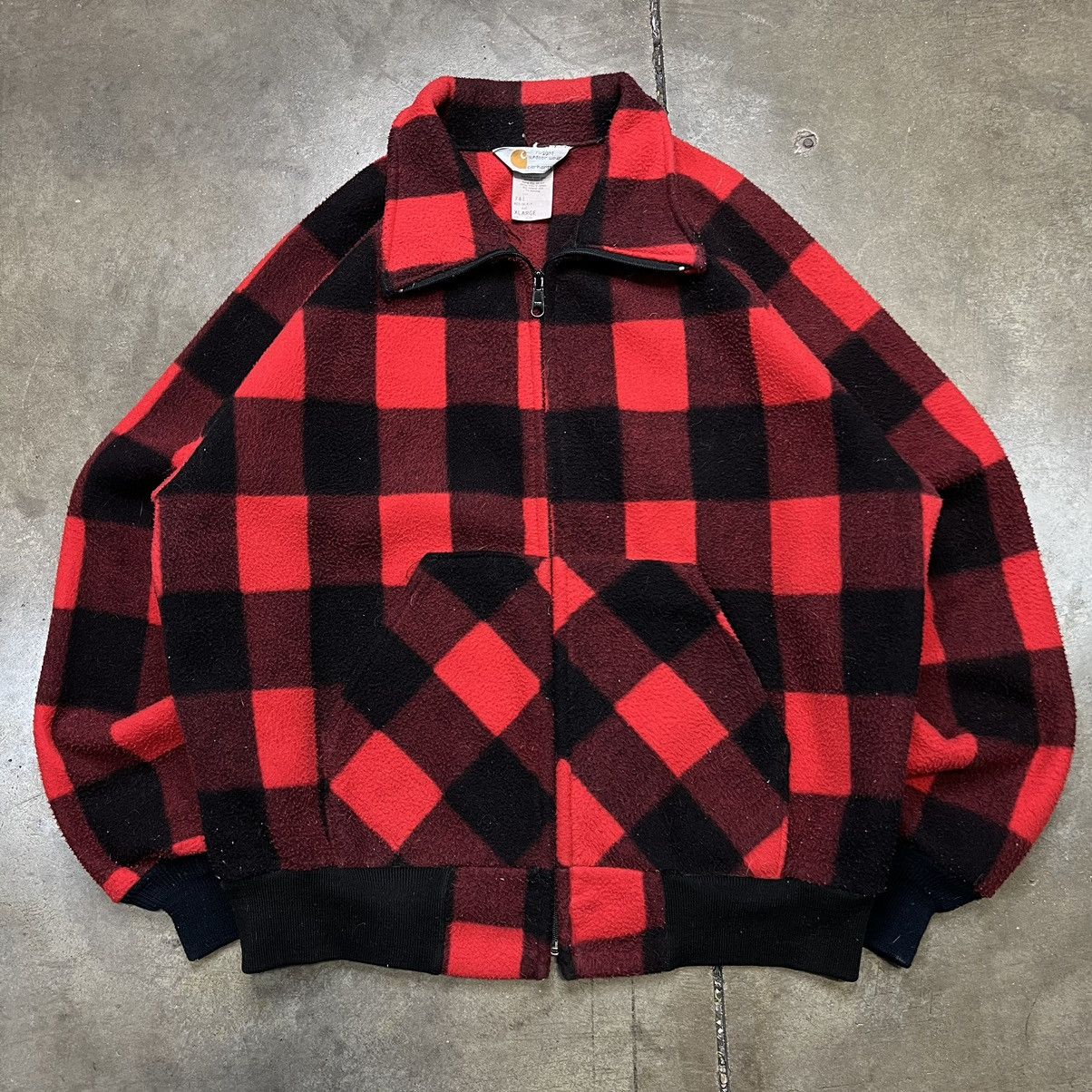 image of Vintage 90's Carhartt Fleece Buffalo Plaid Zip Up Work Jacket in Red, Men's (Size XL)