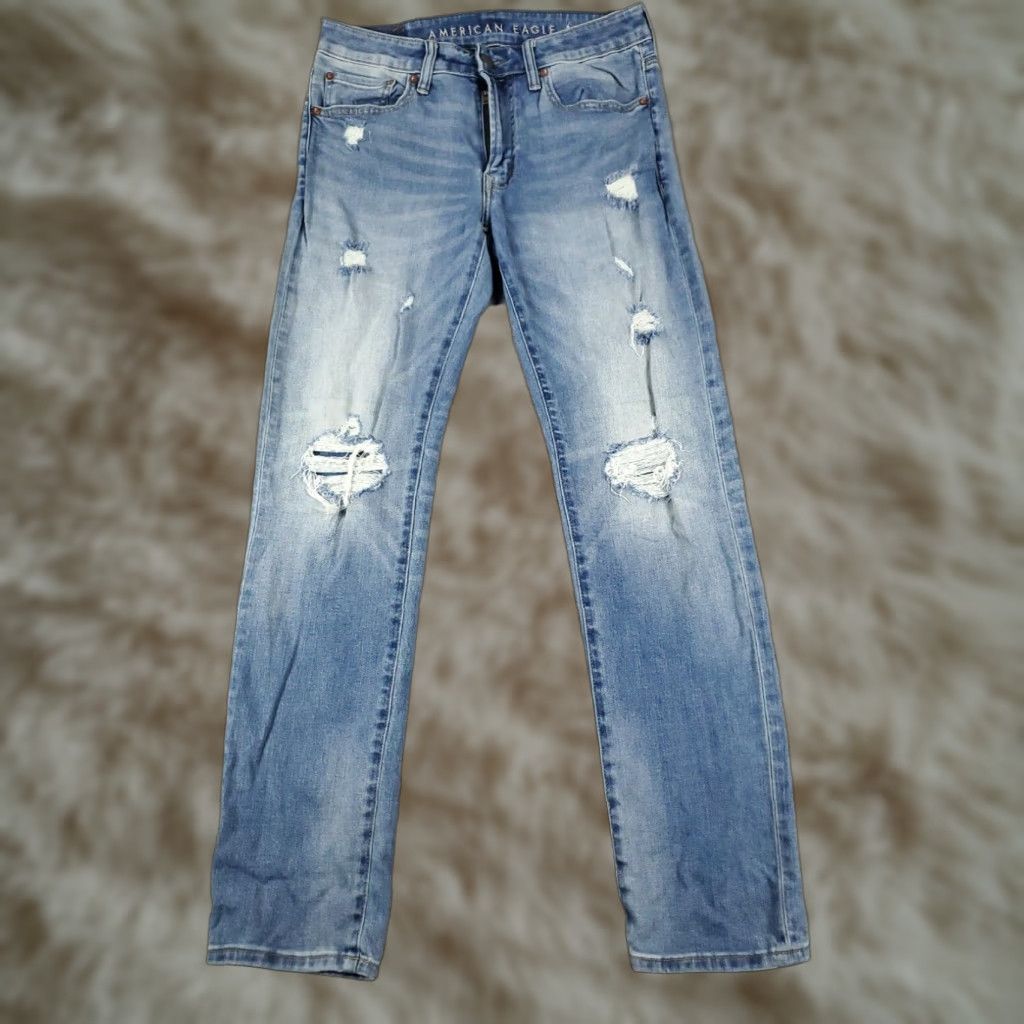 American Eagle Outfitters American Eagle Mens Slim Straight Leg Blue Distressed Denim Jeans Pants 31x32 Size US 31 - 1 Thumbnail