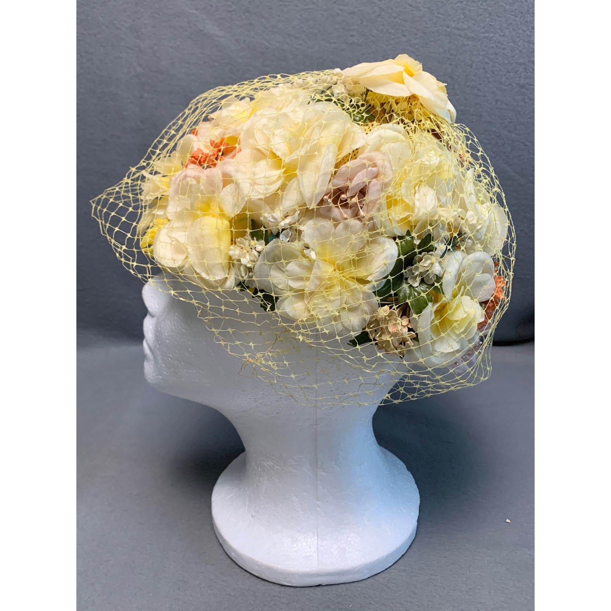 Other Vintage 1950s Floral Net Hat with Yellow Veil Union Made 23" Size ONE SIZE - 2 Thumbnail