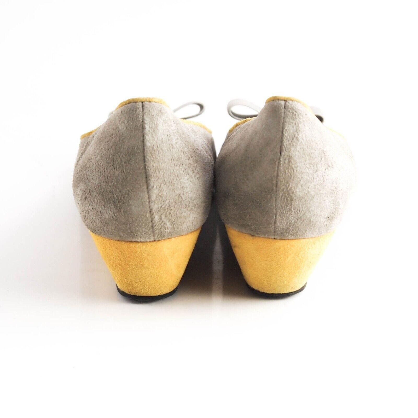Designer Brunate Bow Loafers Low Wedge Gray Yellow Suede US 9 EU 39 Size US 9 / IT 39 - 7 Thumbnail