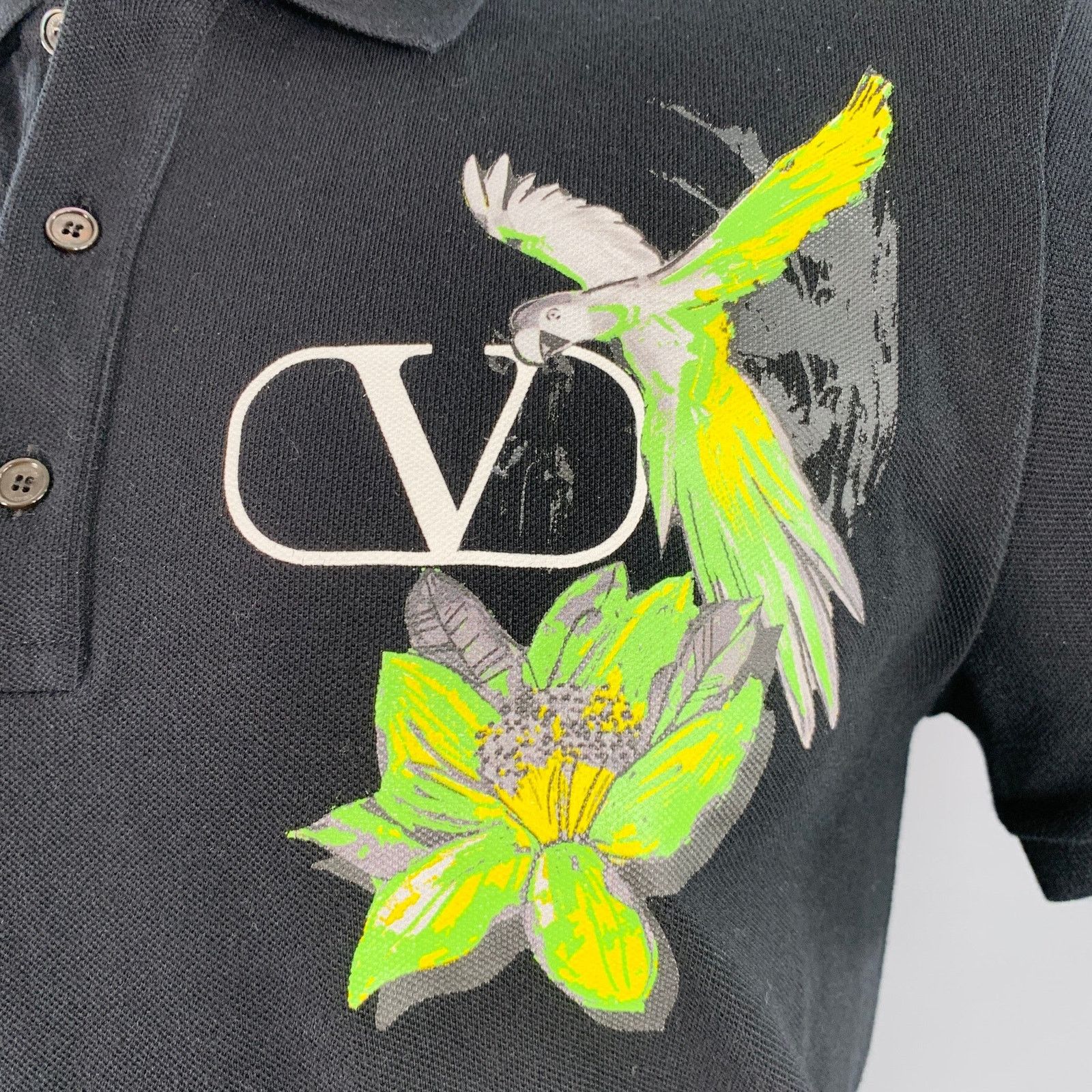Valentino L Black Green Yellow Parrot Graphic Cotton Buttoned Polo Size US L / EU 52-54 / 3 - 2 Thumbnail