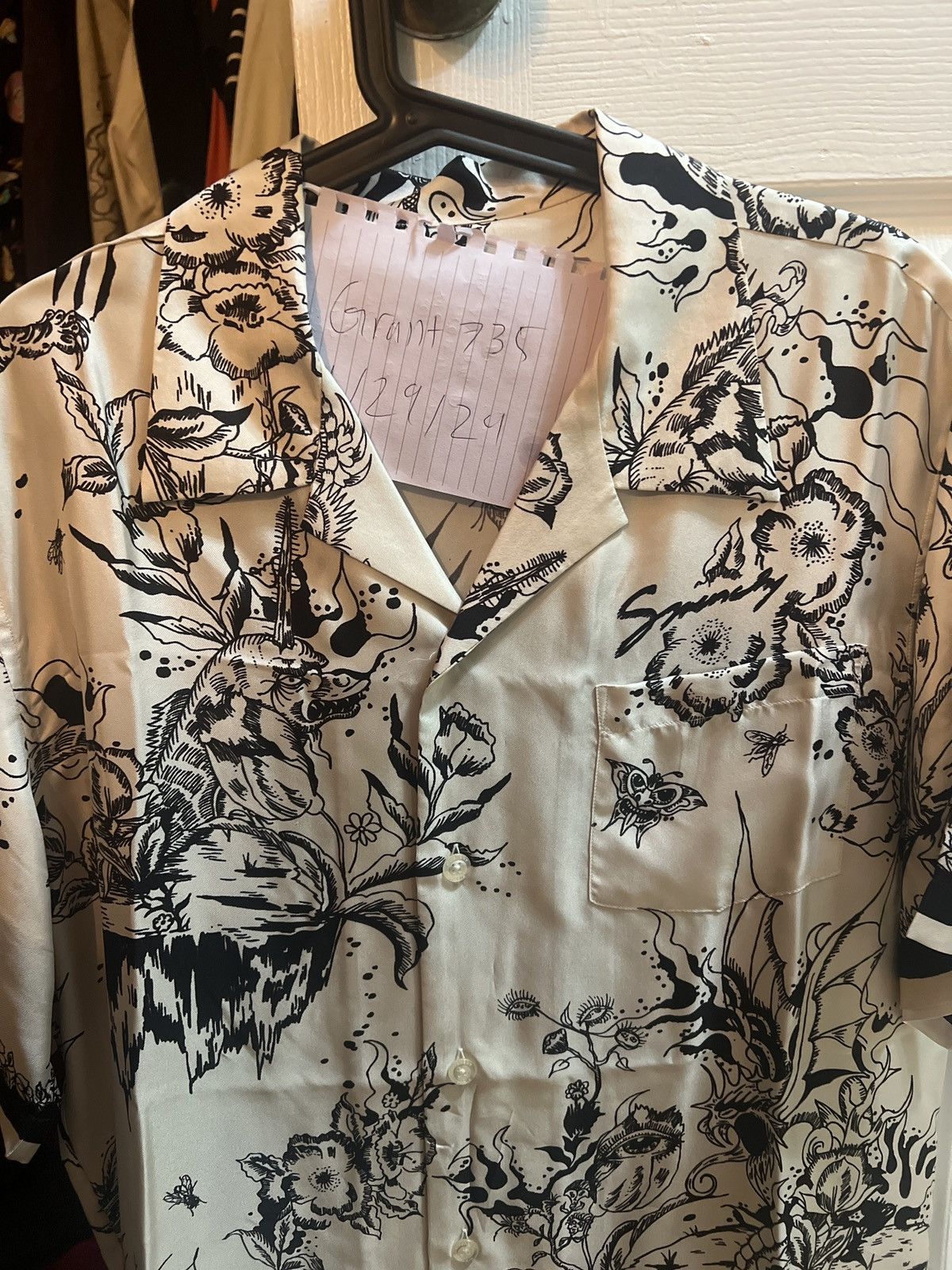image of Givenchy Monster Printed Hawaiian Shirt In Silk, Size 39 in Ecru, Men's