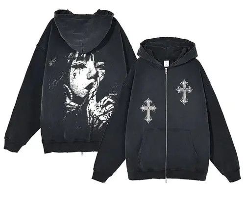 VIBE Goth Hip Hop Cross Print Zip Up Hoodie y2k Size US XL / EU 56 / 4 - 7 Thumbnail