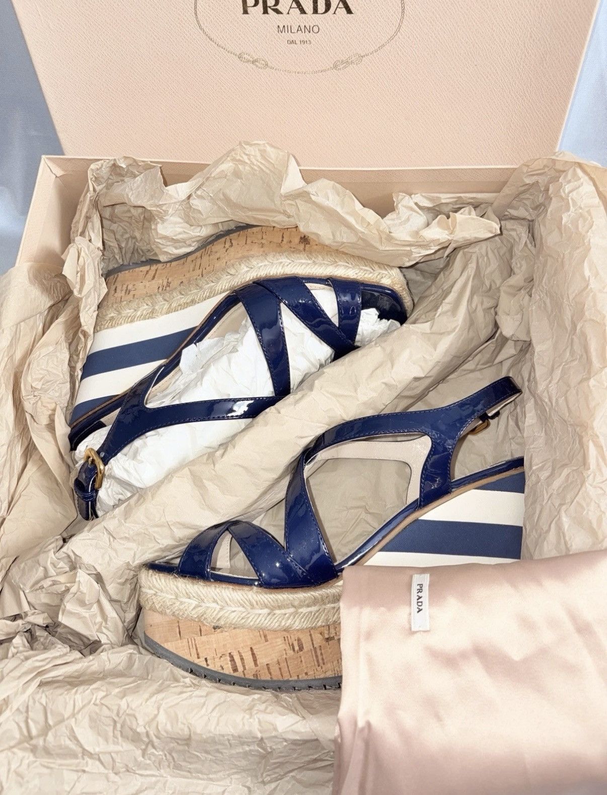 Prada Prada Navy White Stripes Patent Leather Wedge Sandals 38eu Size US 8 / IT 38 - 3 Thumbnail