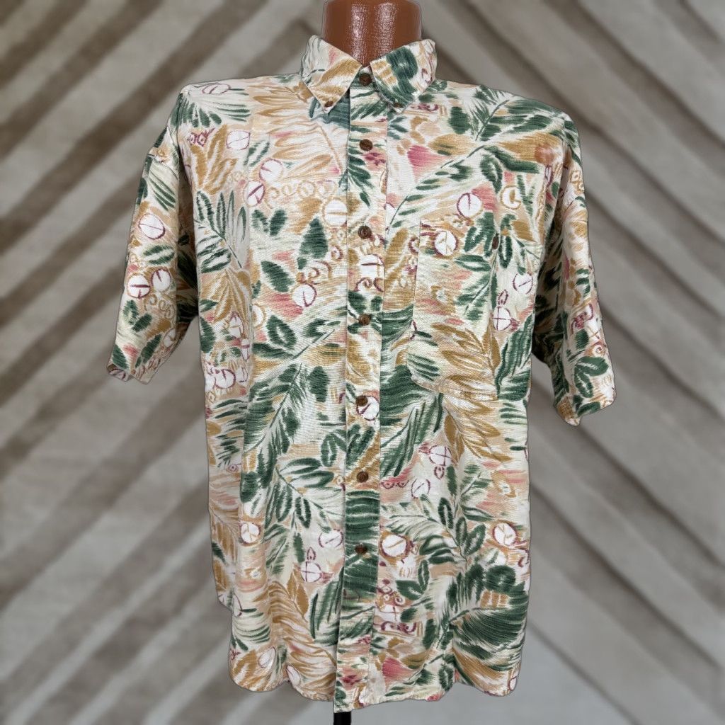 Chaps VINTAGE Chaps Shirt Men 90s Hawaiian Oxford Button-Up Short Sleeve Beige Cotton Floral Graphic Print Pocket Mens Large Size US L / EU 52-54 / 3 - 1 Thumbnail