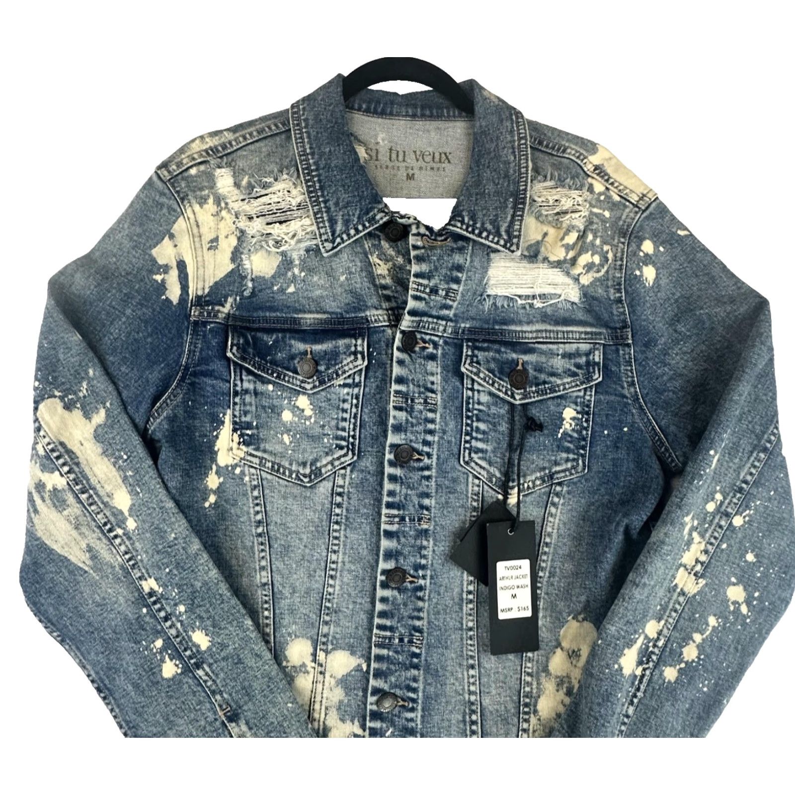 Denime Si Tu Veux Arthur Jacket Mens M Indigo Wash Distressed Paint Splatter Denim Size US M / EU 48-50 / 2 - 4 Thumbnail