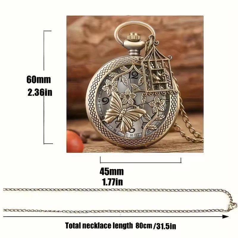 Jewelry Bronze Butterfly & Birdcage Pocket Watch Necklace Size ONE SIZE - 5 Thumbnail