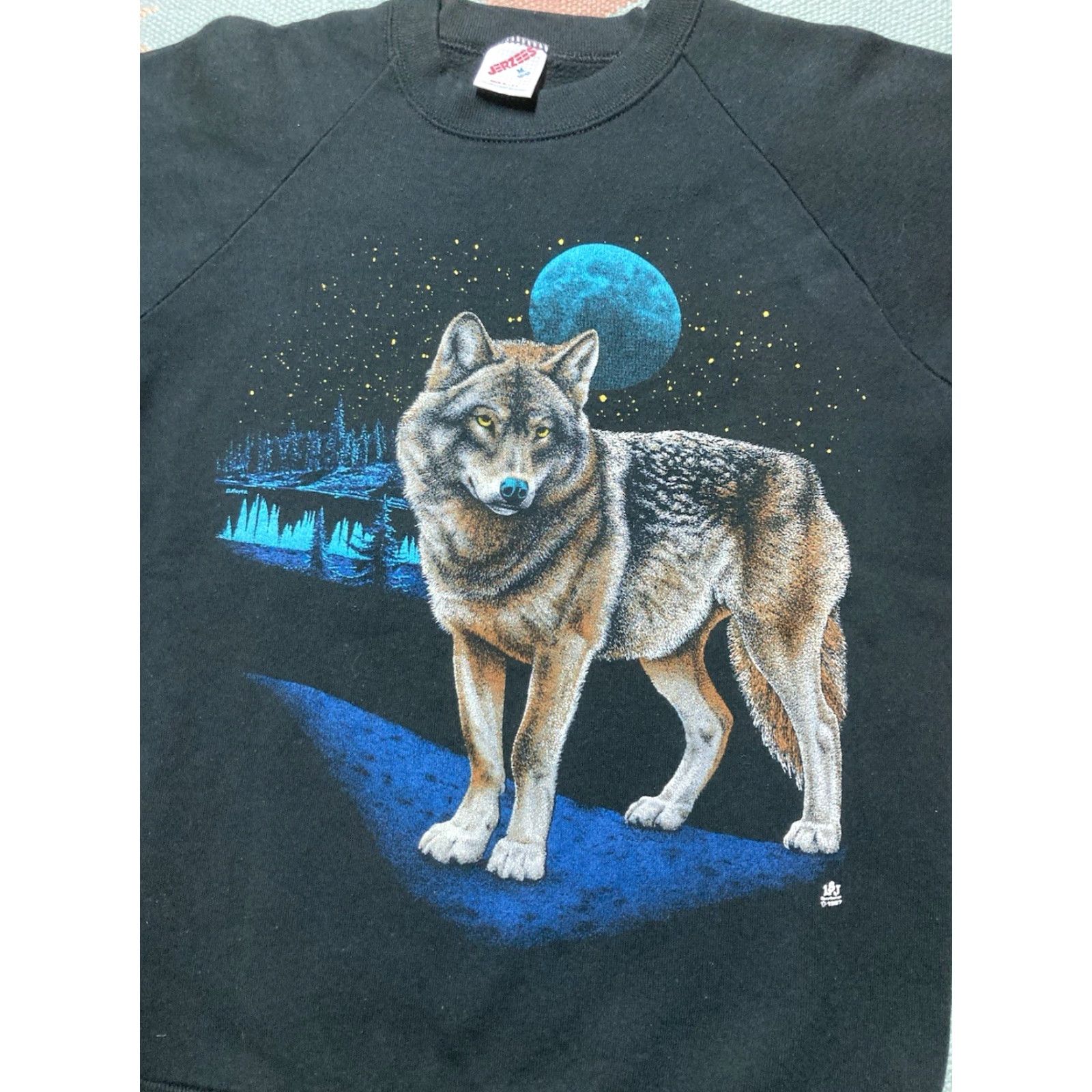 Jerzees VINTAGE 80s Jerzees Sweatshirt Lone Wolf Moon Night Stars Forest Animal Medium Crewneck Men Green Size US M / EU 48-50 / 2 - 3 Thumbnail