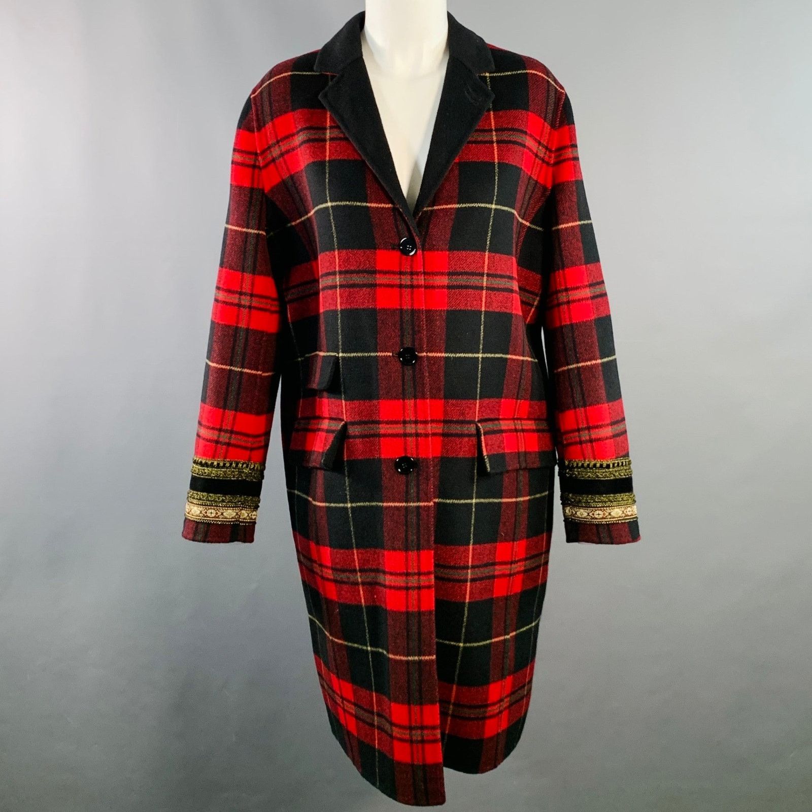 The Kooples Size S Red Black Yellow Wool Blend Plaid Notch Lapel Coat Size S / US 4 / IT 40 - 1 Thumbnail
