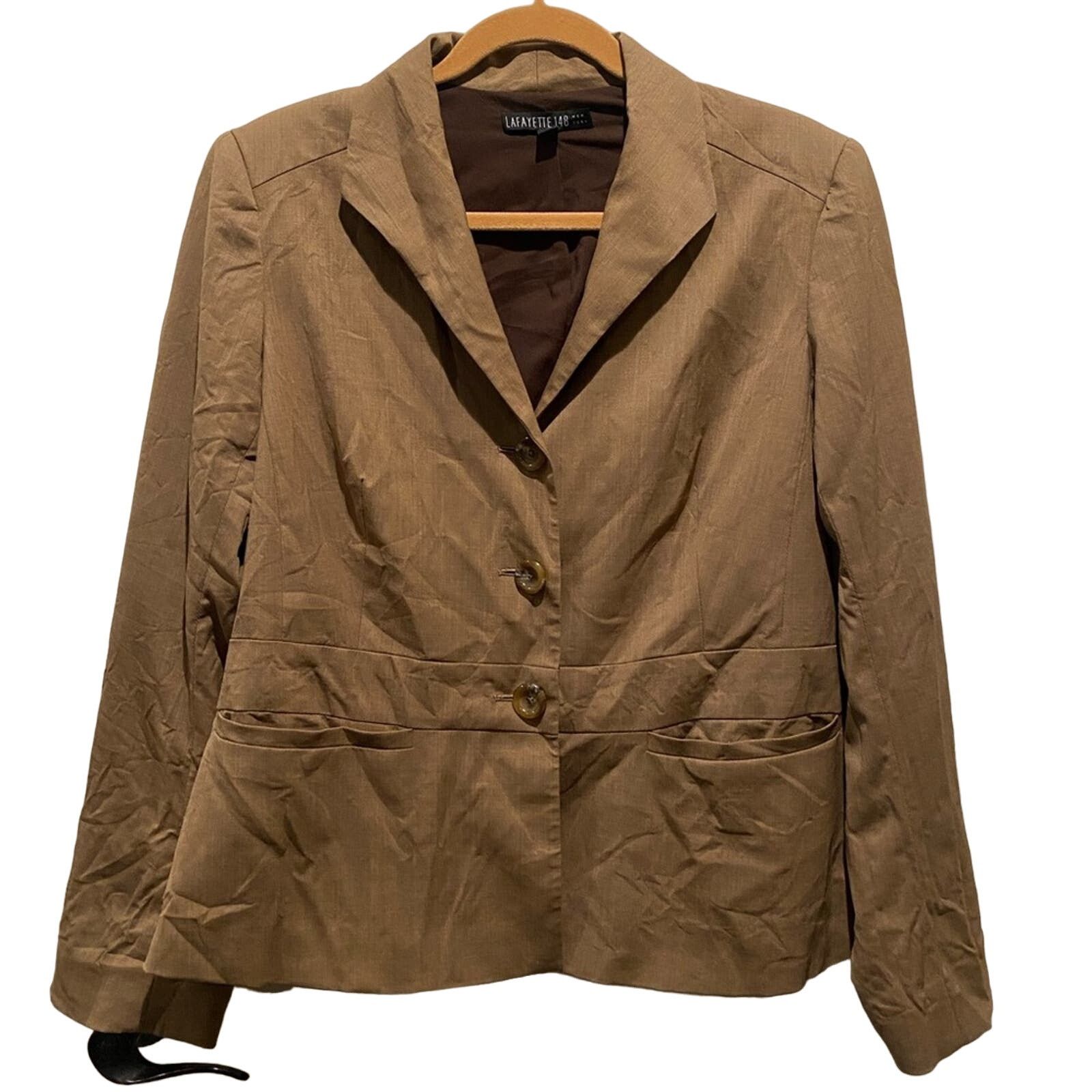 Designer LAFAYETTE 148 NY Brown Virgin Wool Pointed Collar Blazer 12 Size XL / US 12-14 / IT 48-50 - 1 Thumbnail