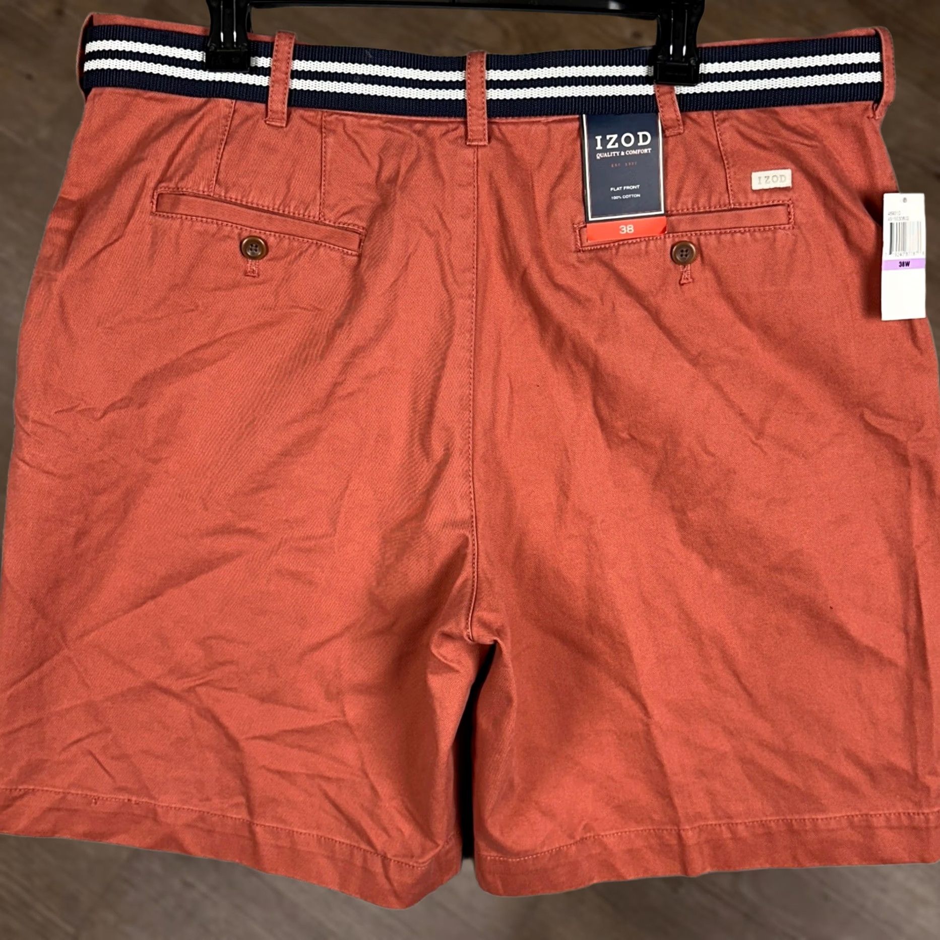 Izod IZOD Shorts Mens 38 Flat Front Chino Short Salmon Orange Belted Pockets Navy/White Striped Belt Casual Summer Nautical Mens Size US 38 / EU 54 - 1 Thumbnail