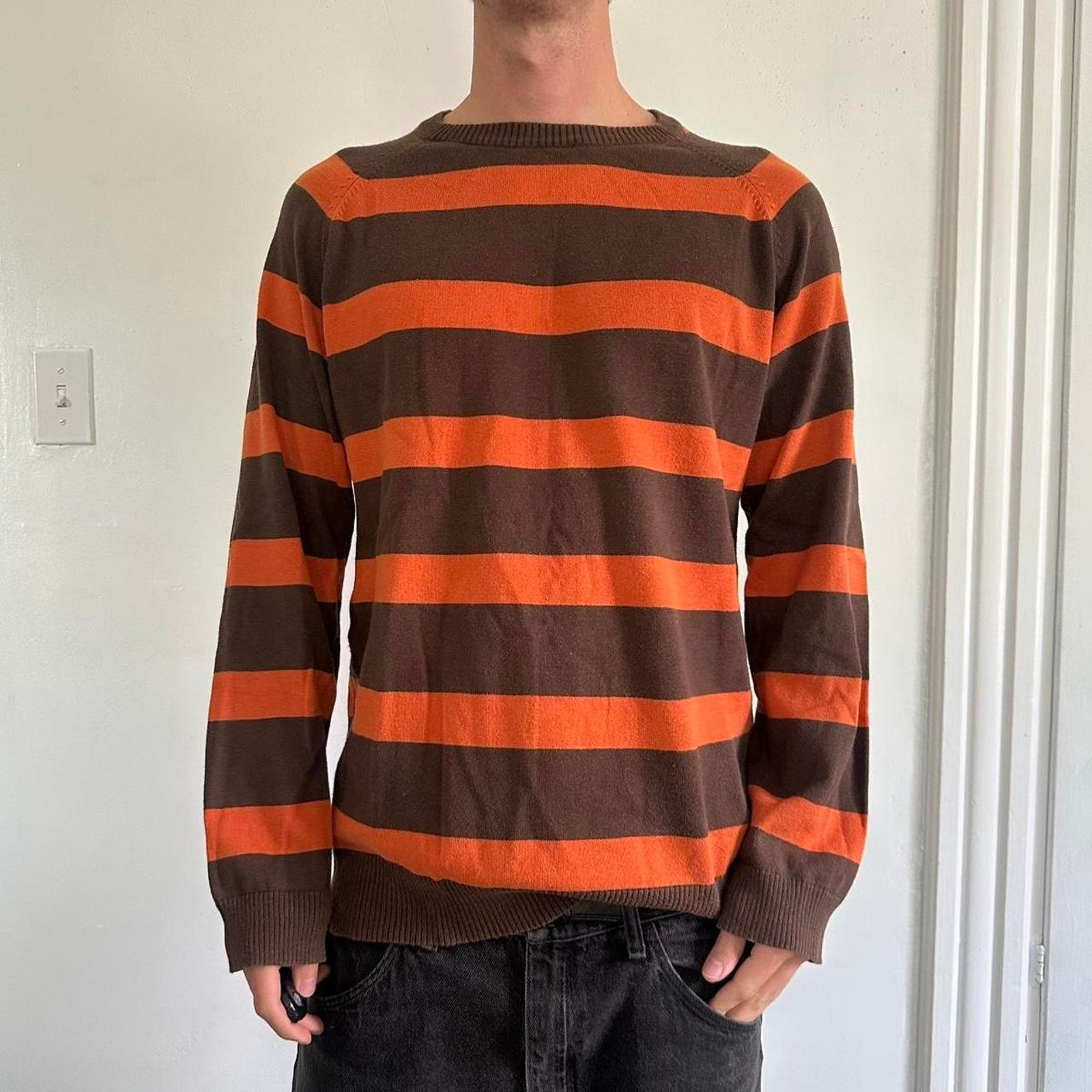 Vintage Vintage Y2K 00s Orange Brown Striped Basic Pullover Sweater Size US L / EU 52-54 / 3 - 2 Thumbnail