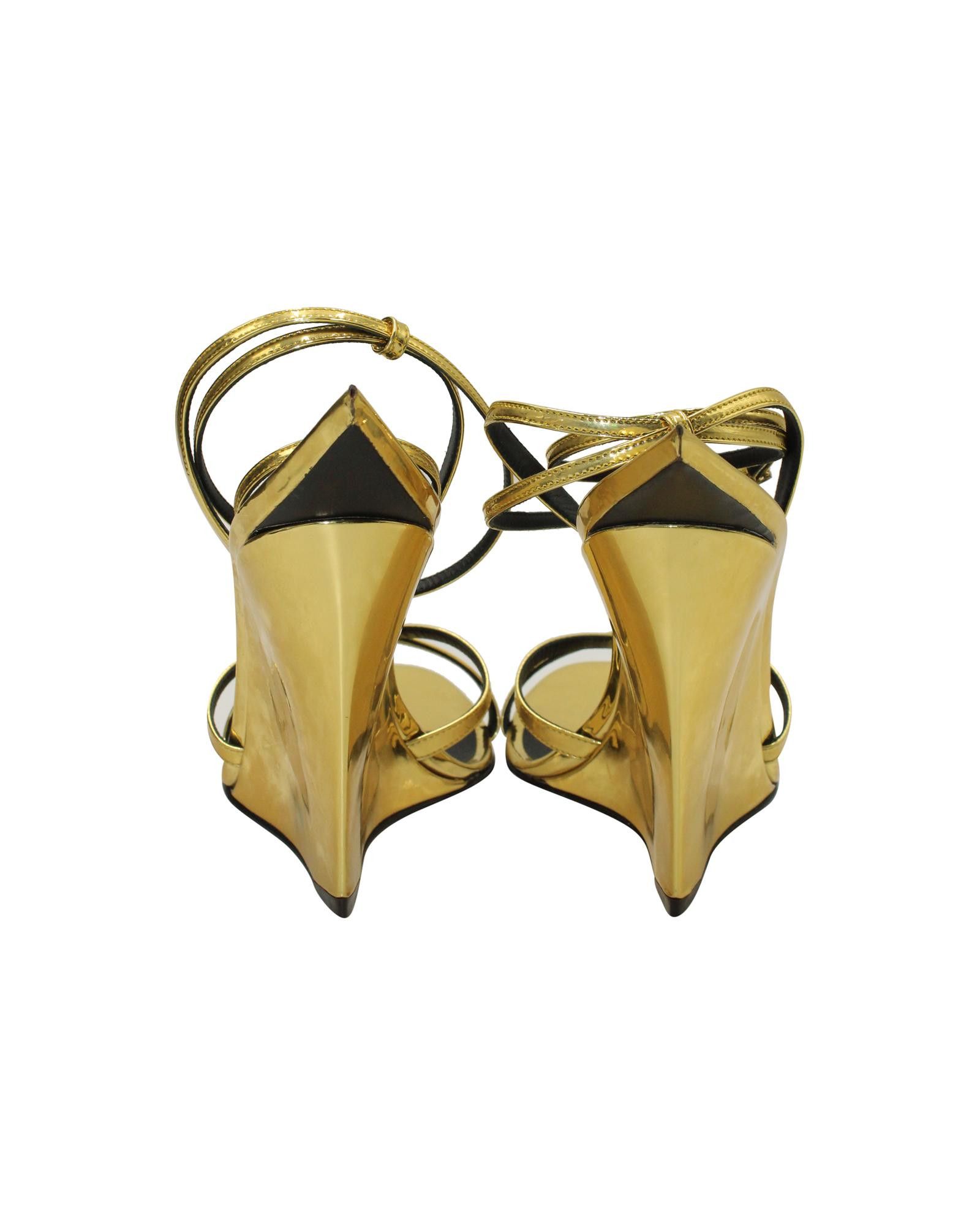 image of Giuseppe Zanotti Gold Leather Wedge Sandals With Crossover Strap And High Heel Shoes in Metallic/Go
