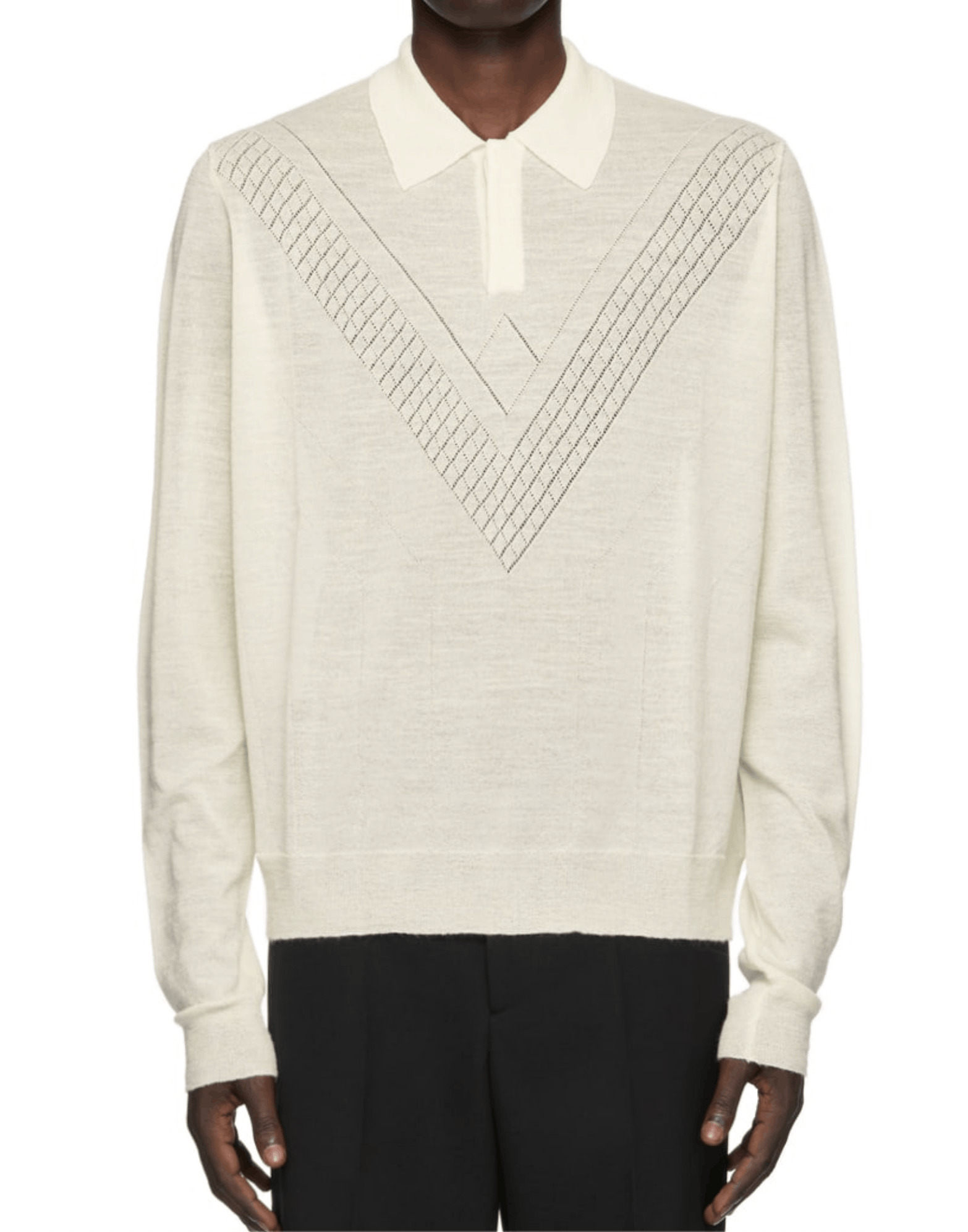 image of Jil Sander Chevron Ladder Stitched Off White Wool Polo Sweater in Cream, Men's (Size Medium)