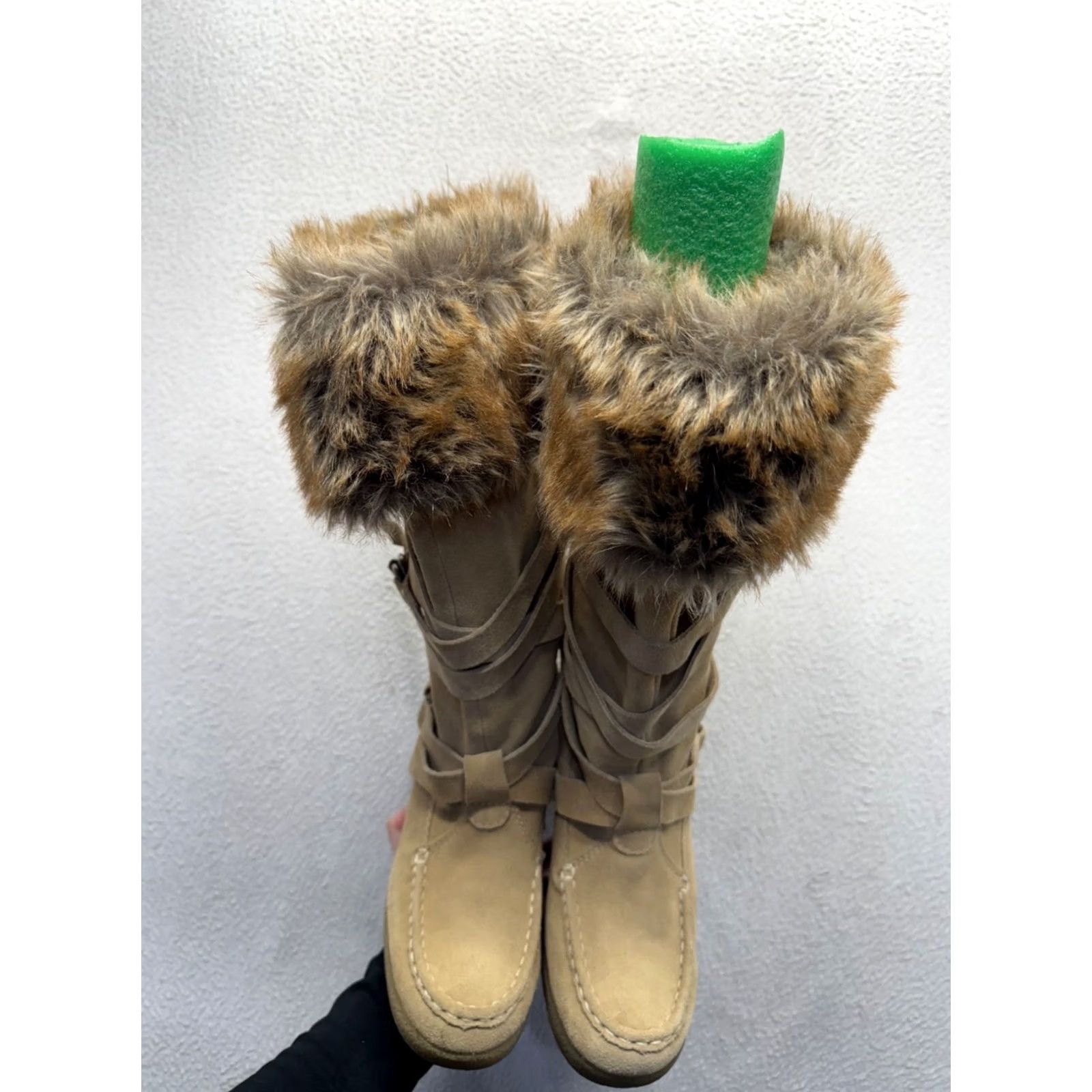 Vintage Report Tan Faux Fur-Trimmed Knee-High Wedge Boots #136B Womens 8 Bootie Tan Faux Fur Trim Knee-High Wedge Boots Report 136B Size US 8 / IT 38 - 3 Thumbnail