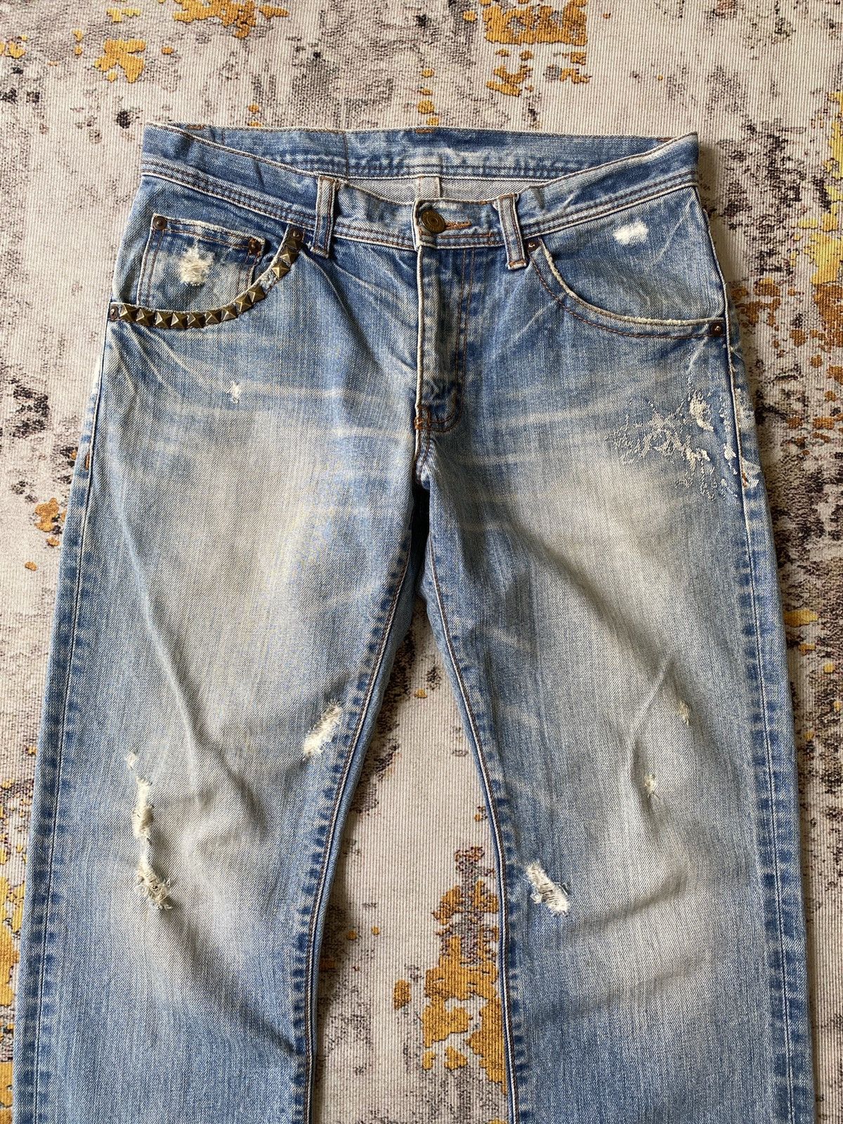 Tete Homme Tete Homme Issey Miyake Faded Blue Studded Distressed Denim Size US 31 - 3 Thumbnail