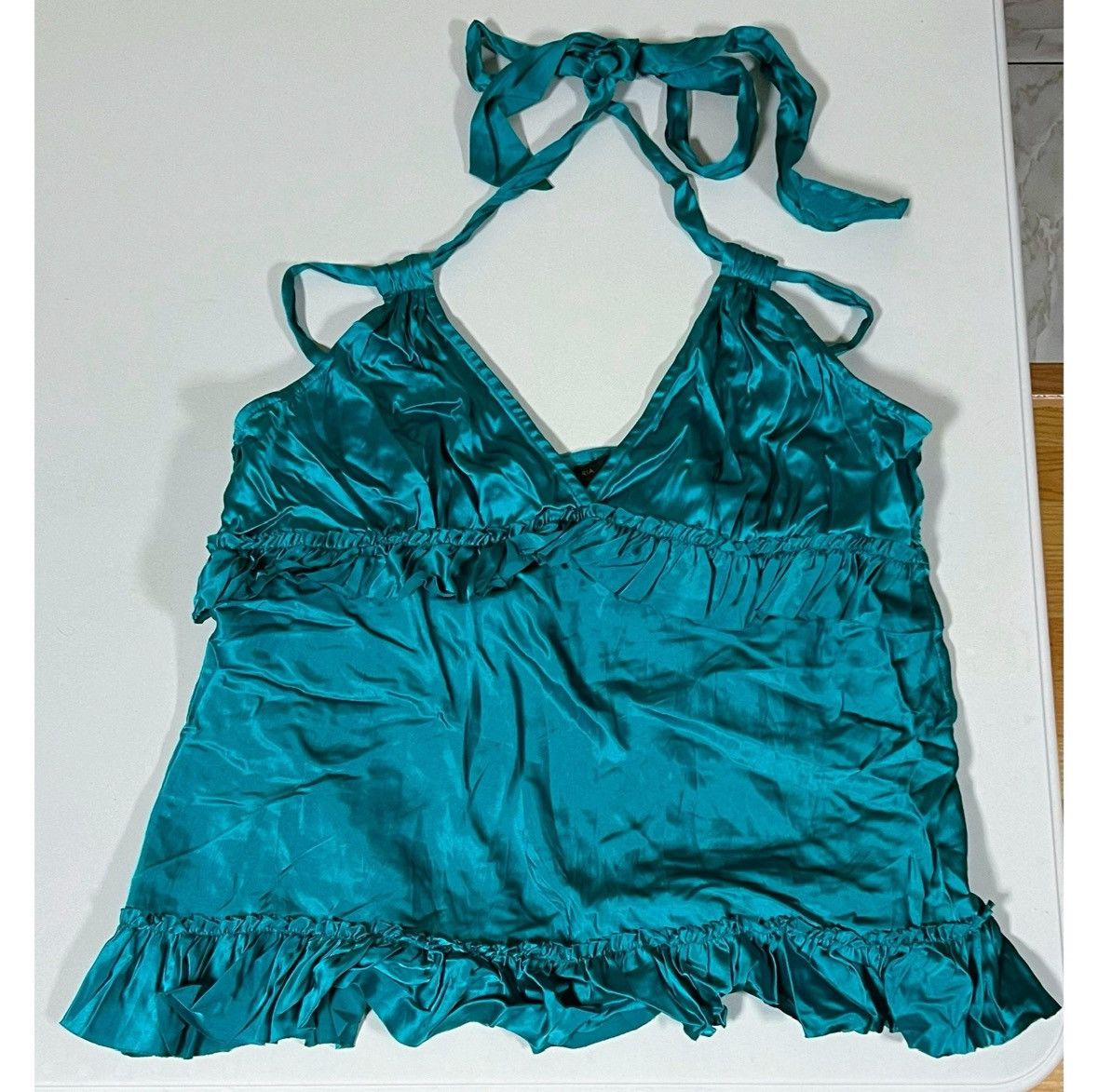 Bcbgmaxazria Teal Satin Ruffle Babydoll Y2K Tank Top Shirt Blouse Size L✨ Size L / US 10 / IT 46 - 2 Thumbnail