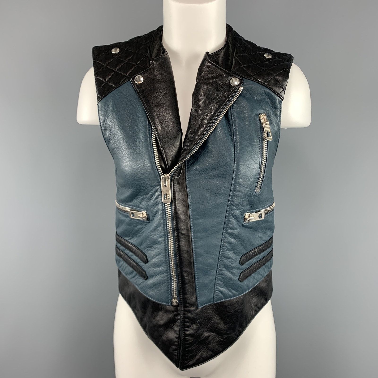 Balenciaga Size 8 Black & Teal Blue Quilted Leather Biker Vest Size US XXS / EU 40 - 1 Thumbnail