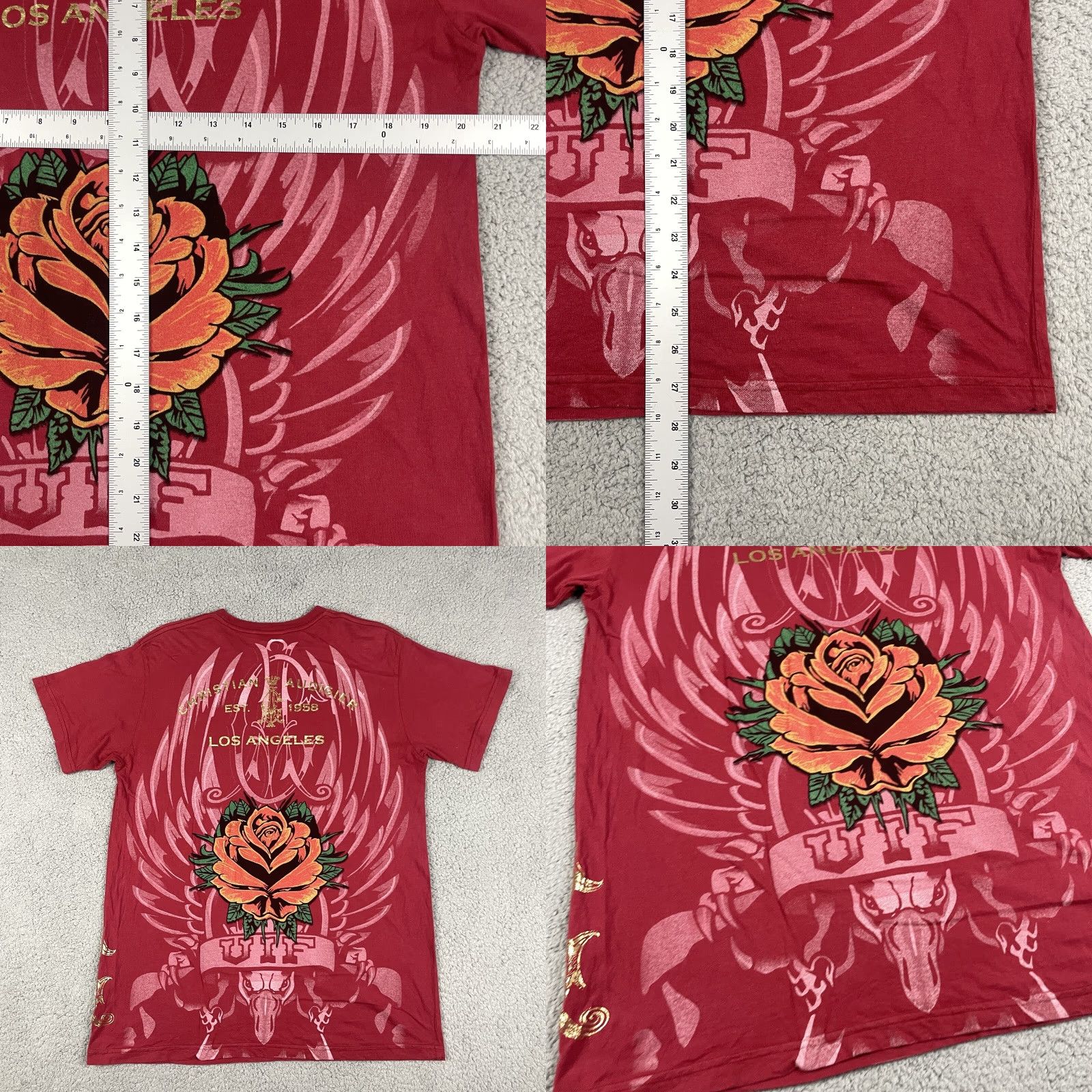 Vintage Christian Audigier T shirt Men’s L Red Short Sleeve AOP Gold Eagle Rose Rare* Size US L / EU 52-54 / 3 - 8 Thumbnail