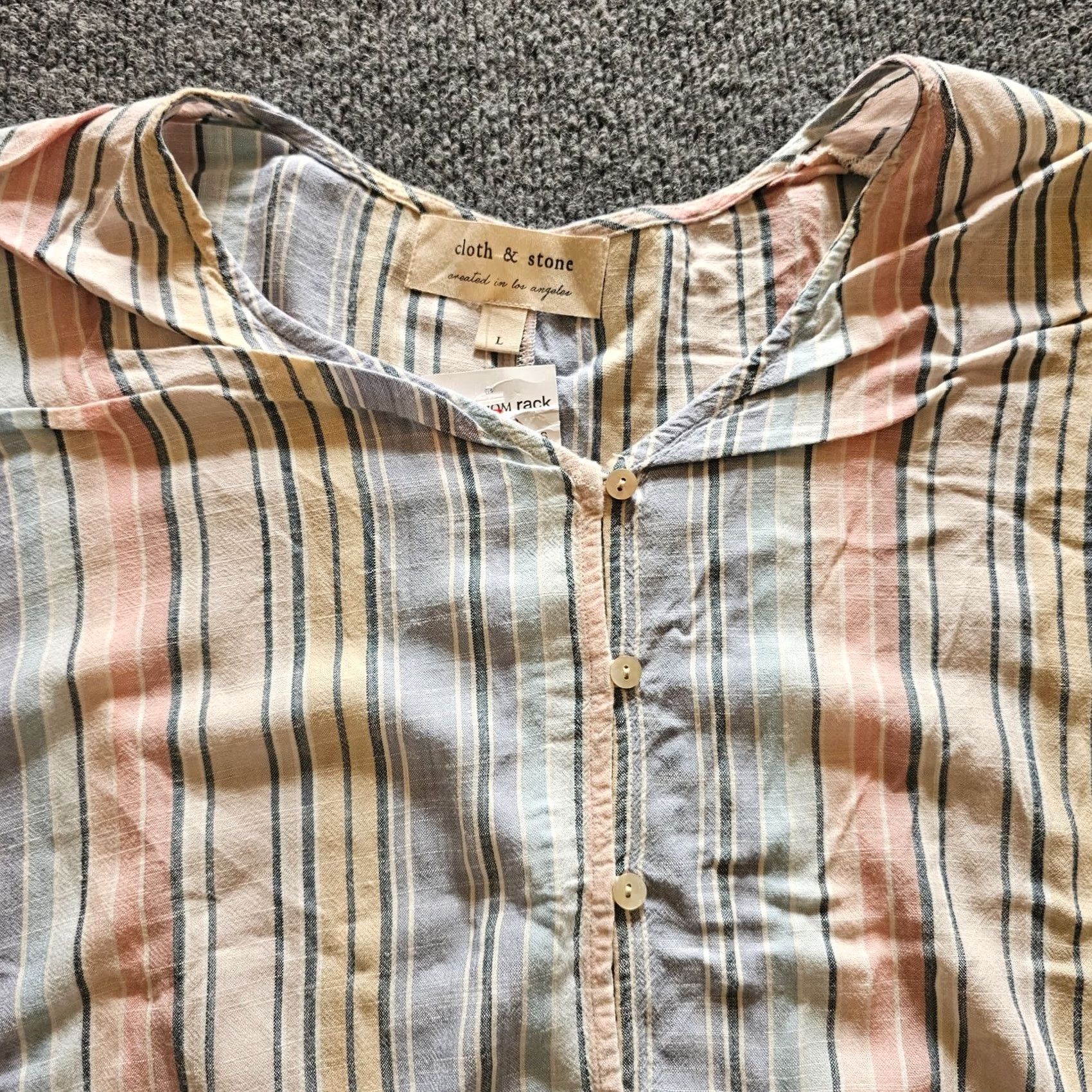 CLOT Cloth & Stone Top Shirt Womens Large Blue Striped Short Sleeve Button Up Casual Sleeve V-Neck Printed Pattern Size L / US 10 / IT 46 - 2 Thumbnail