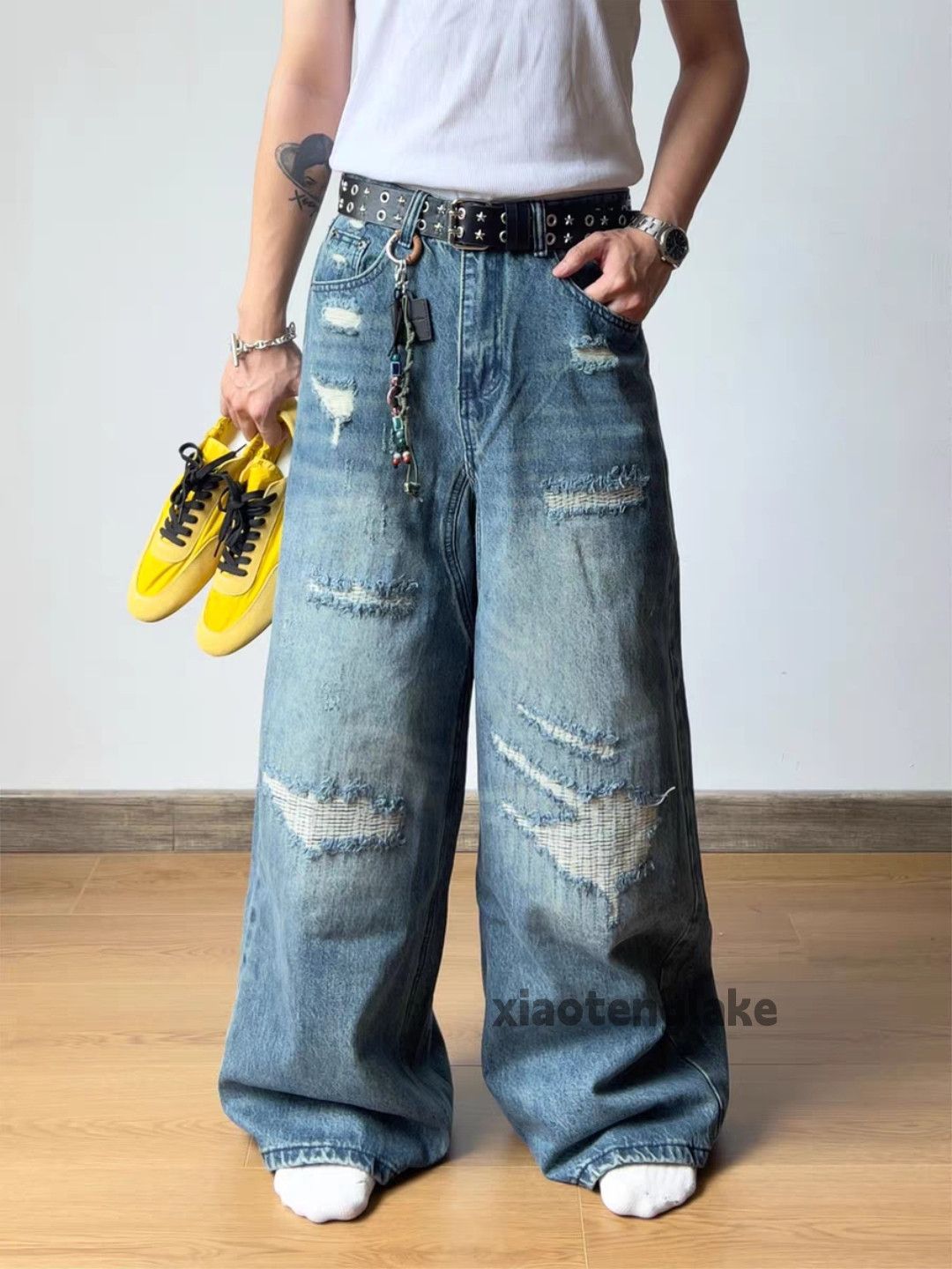 Jean xz washed faded loose baggy flared ripped damaged jeans Size US 33 - 7 Thumbnail