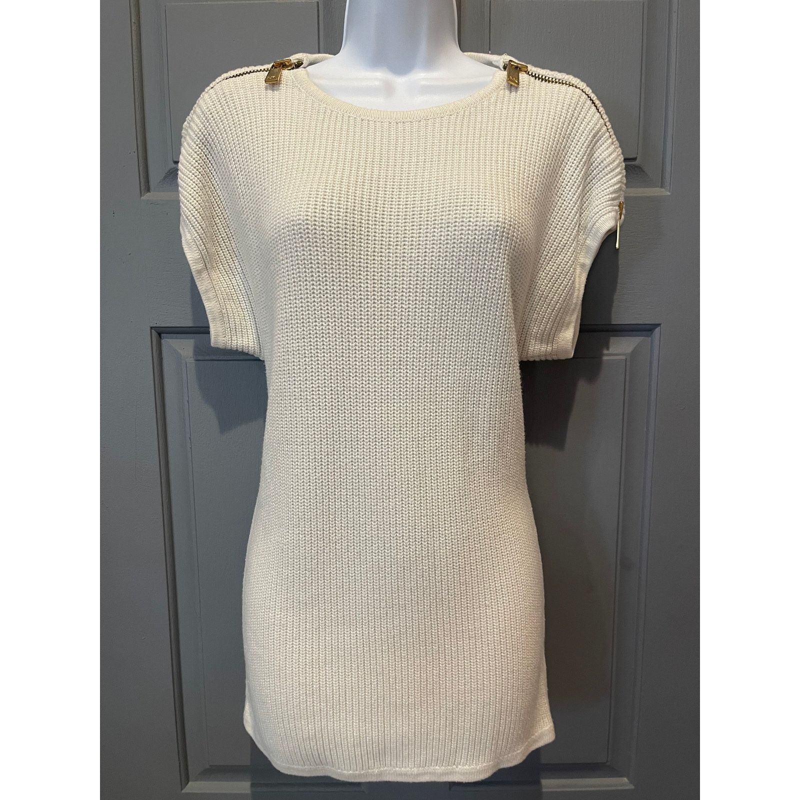 Michael Kors Michael Kors Ivory Knit Sweater Top Gold Zip Shoulders Sz LG Size L / US 10 / IT 46 - 8 Thumbnail
