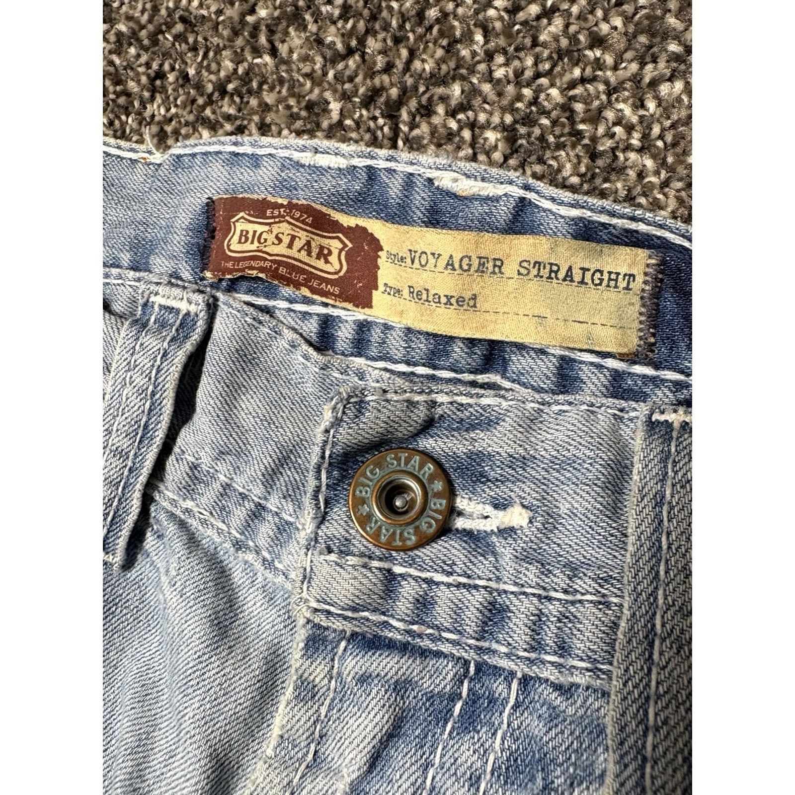 Denime BIG STAR Voyager Straight Jeans Mens 34x32 Blue Distressed Denim Light Wash Jeans Mens Regular 34 Blue Distressed Pockets Vintage: No 90s? Size US 34 / EU 50 - 3 Thumbnail