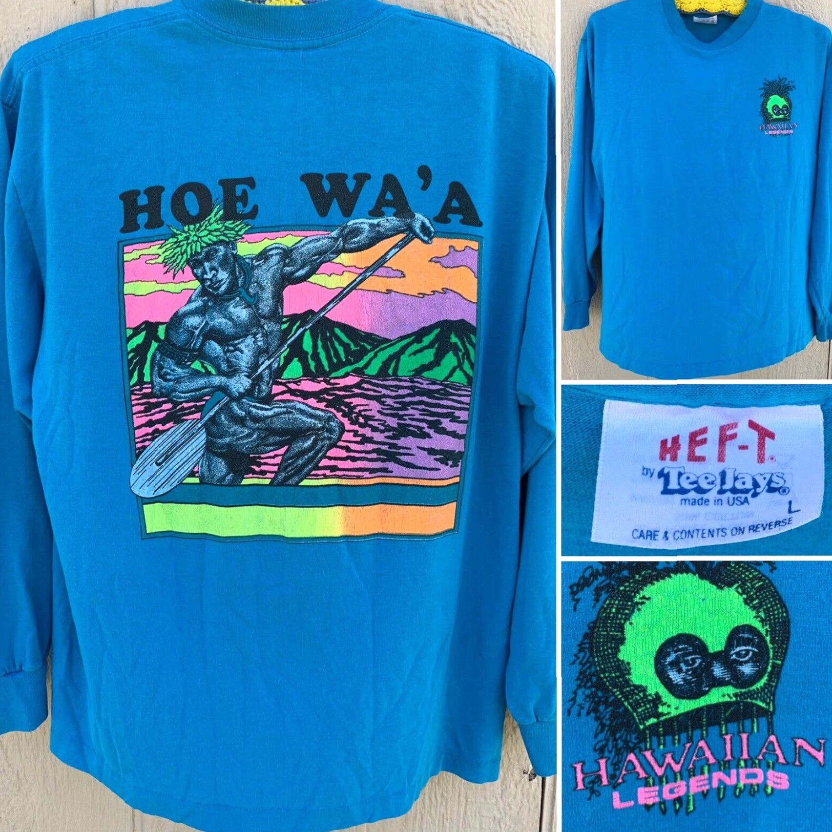 Vintage VINTAGE Hawaiian Legends HOE WA’A Neon Graphics Long Sleeve T-Shirt 1980s L Mens Blue 80s Graphic Tee Tee Jays HEF-T by Tee-Jays Size US L / EU 52-54 / 3 - 2 Thumbnail