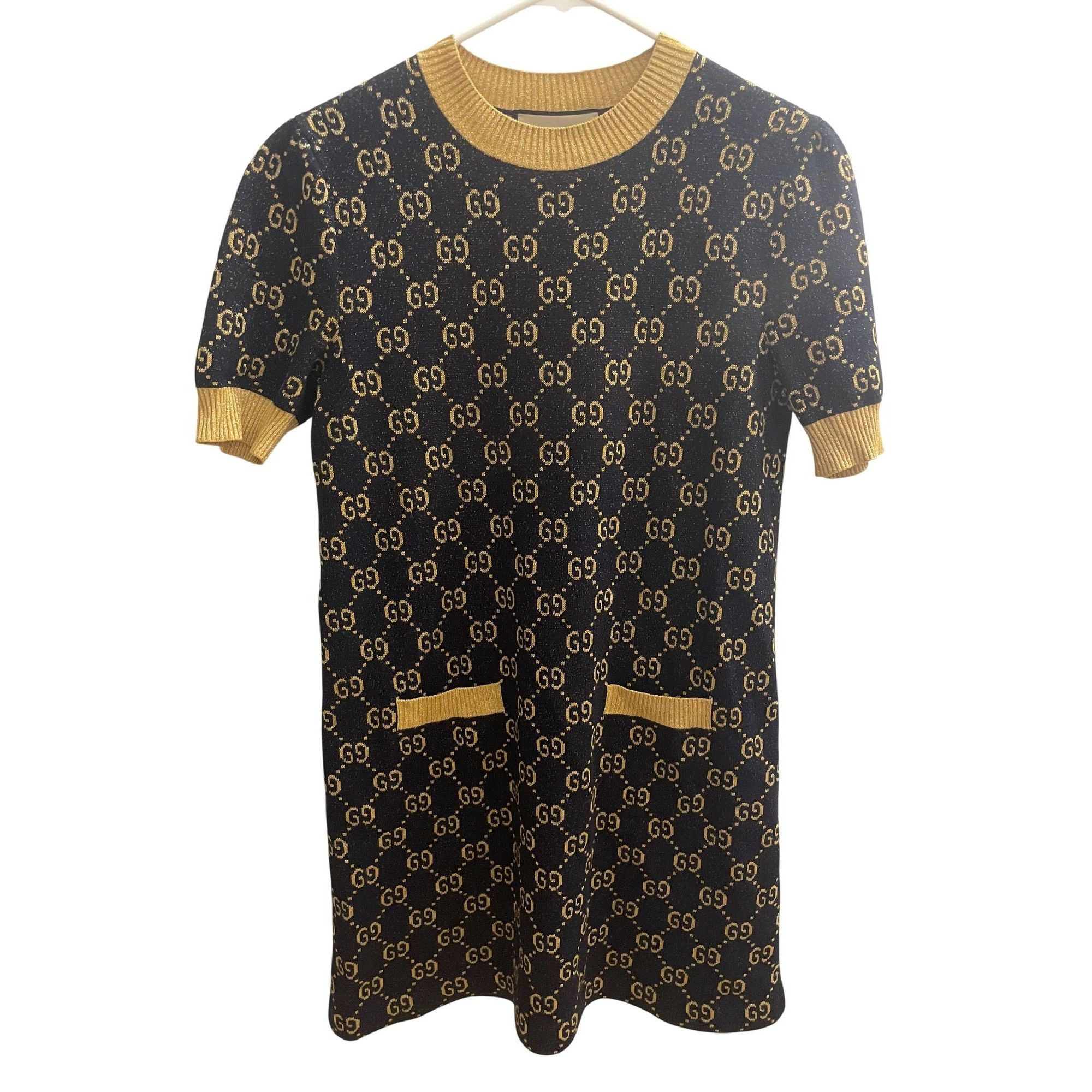 Gucci Womens Black & Gold GG Monogram Knit Short-Sleeve Dres