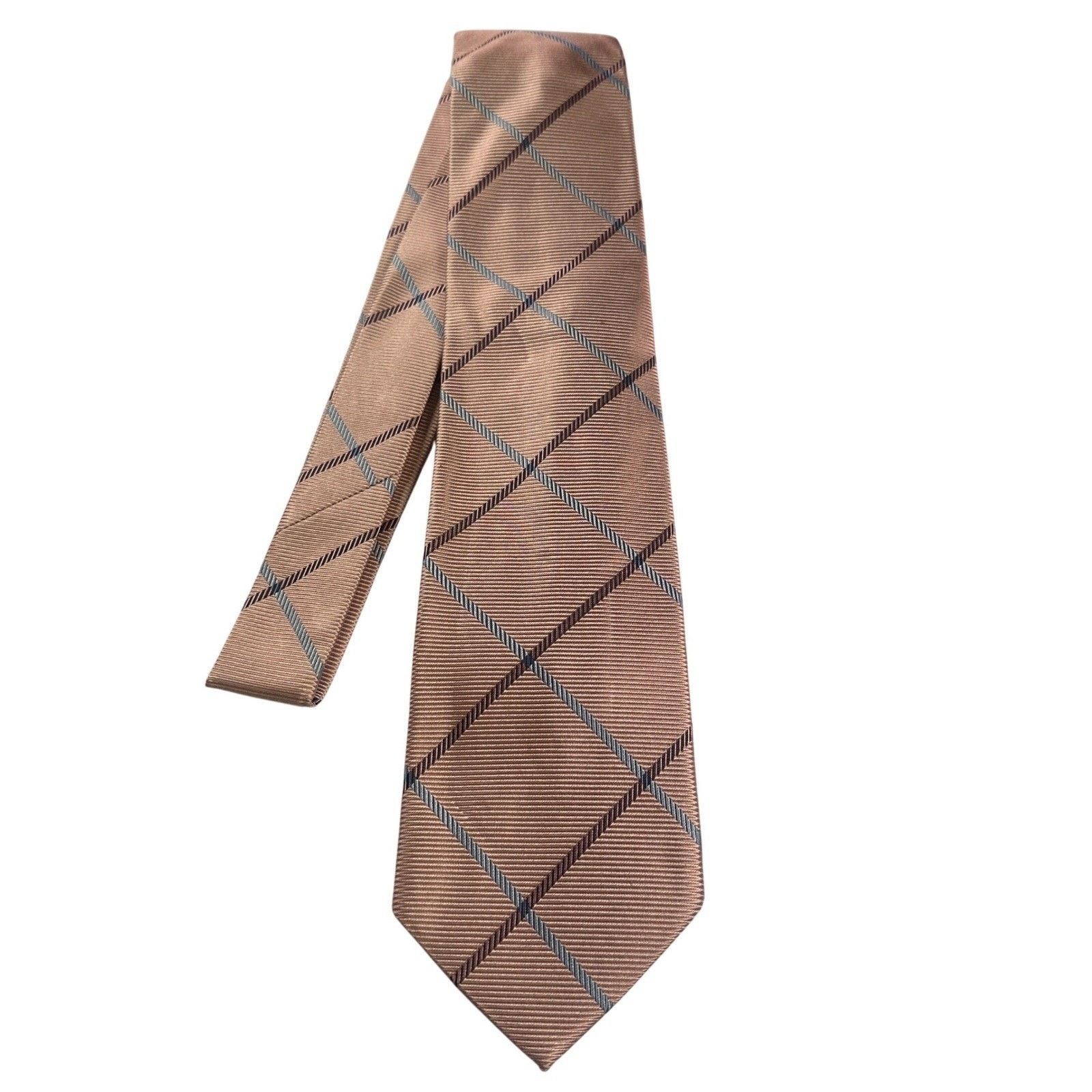 Paul Fredrick Paul Fredrick Italian Silk Tie Pinkish Tan Blue Plaid NWT Size ONE SIZE - 1 Thumbnail