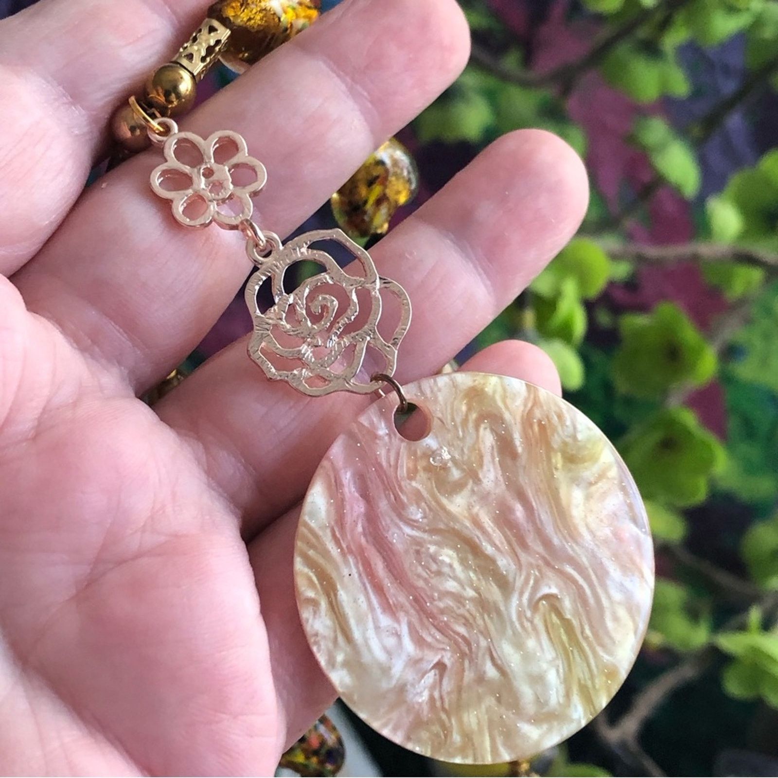 Handmade Handcrafted repurpose sparkle medallion drop Pearl necklace Size ONE SIZE - 2 Thumbnail