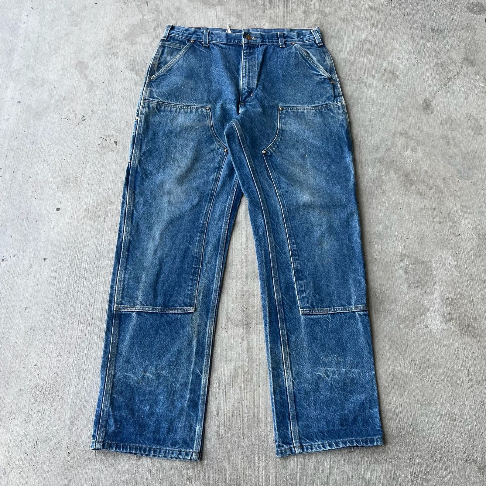 Carhartt faded denim blue jean double knee work wear pants
