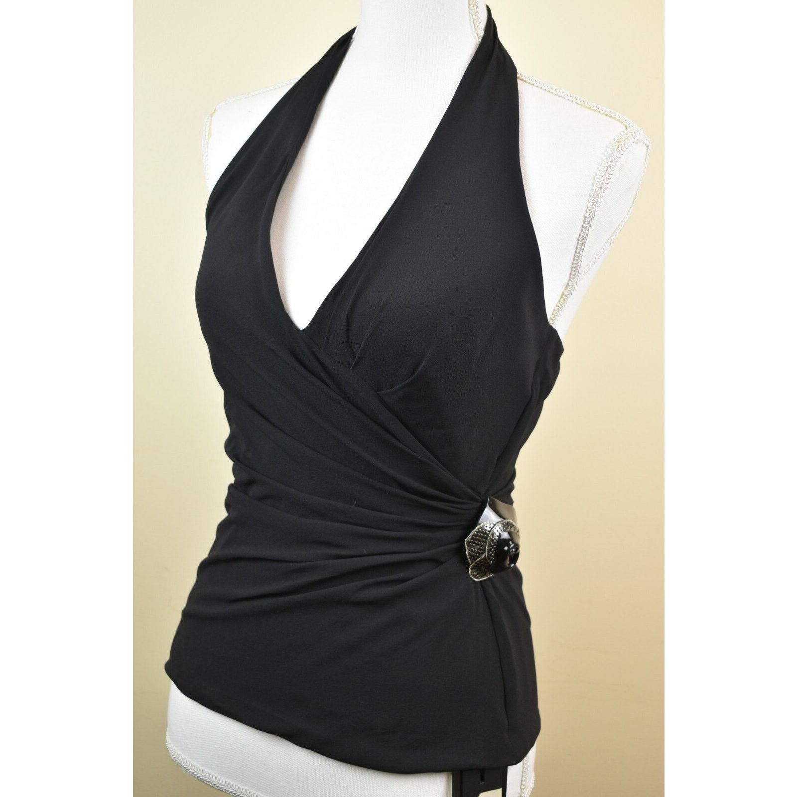 Versace VERSACE BLACK SILK FLOWER BROOCH TOP HALTER BLOUSE 46 ITALY Size L / US 10 / IT 46 - 1 Thumbnail