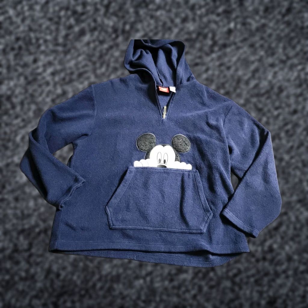 Disney VINTAGE Disney Hooded Sweatshirt Mens L Mickey Mouse Peeking Out 1/4 Zip Kangaroo Pocket Blue, Cartoon pullovers Size US L / EU 52-54 / 3 - 1 Thumbnail