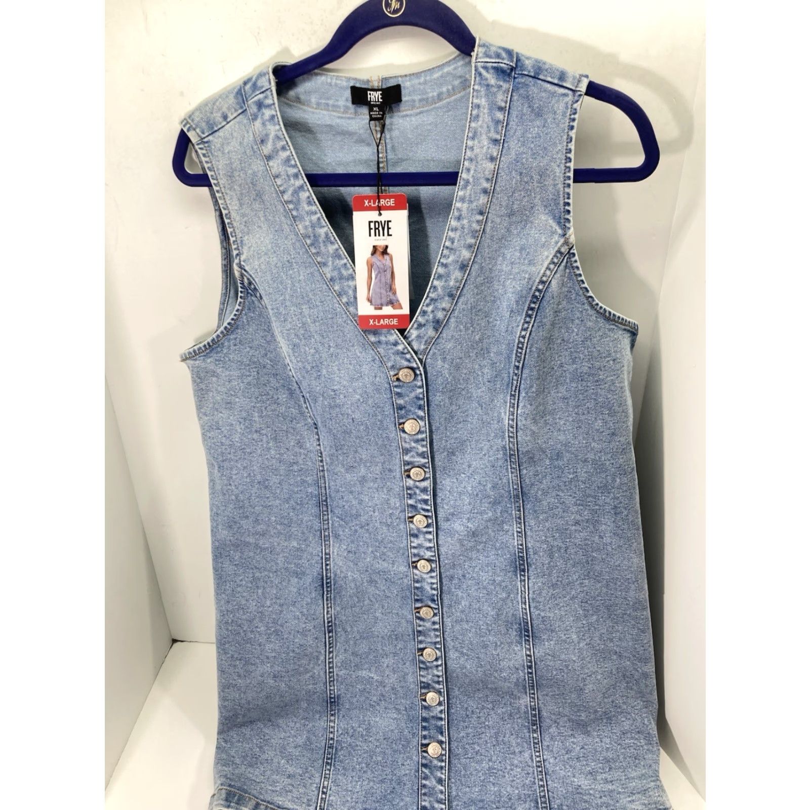Frye Frye Denim Dress Women XL Blue Cotton Stretch Light Wash Metal Button NWT Midi A-Line Sleeveless V-Neck Casual Shirt? Size XL / US 12-14 / IT 48-50 - 2 Thumbnail