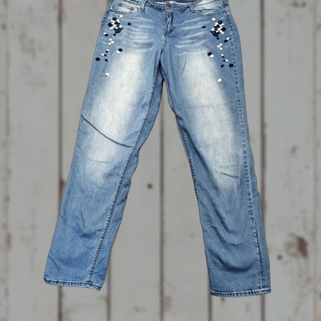 Vintage Black Daisy Kate Straight Leg Jeans Pants Womens 13/31 Light Faded Blue Floral Denim Size 34" / US 12 / IT 48 - 1 Thumbnail