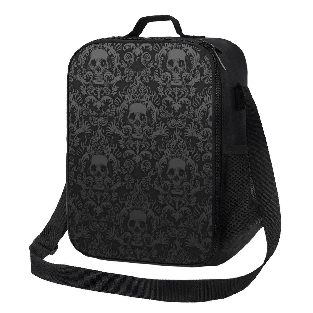 Designer Black Gothic Skull Damask Pattern Insulated Lunch Bag Size ONE SIZE - 1 Thumbnail