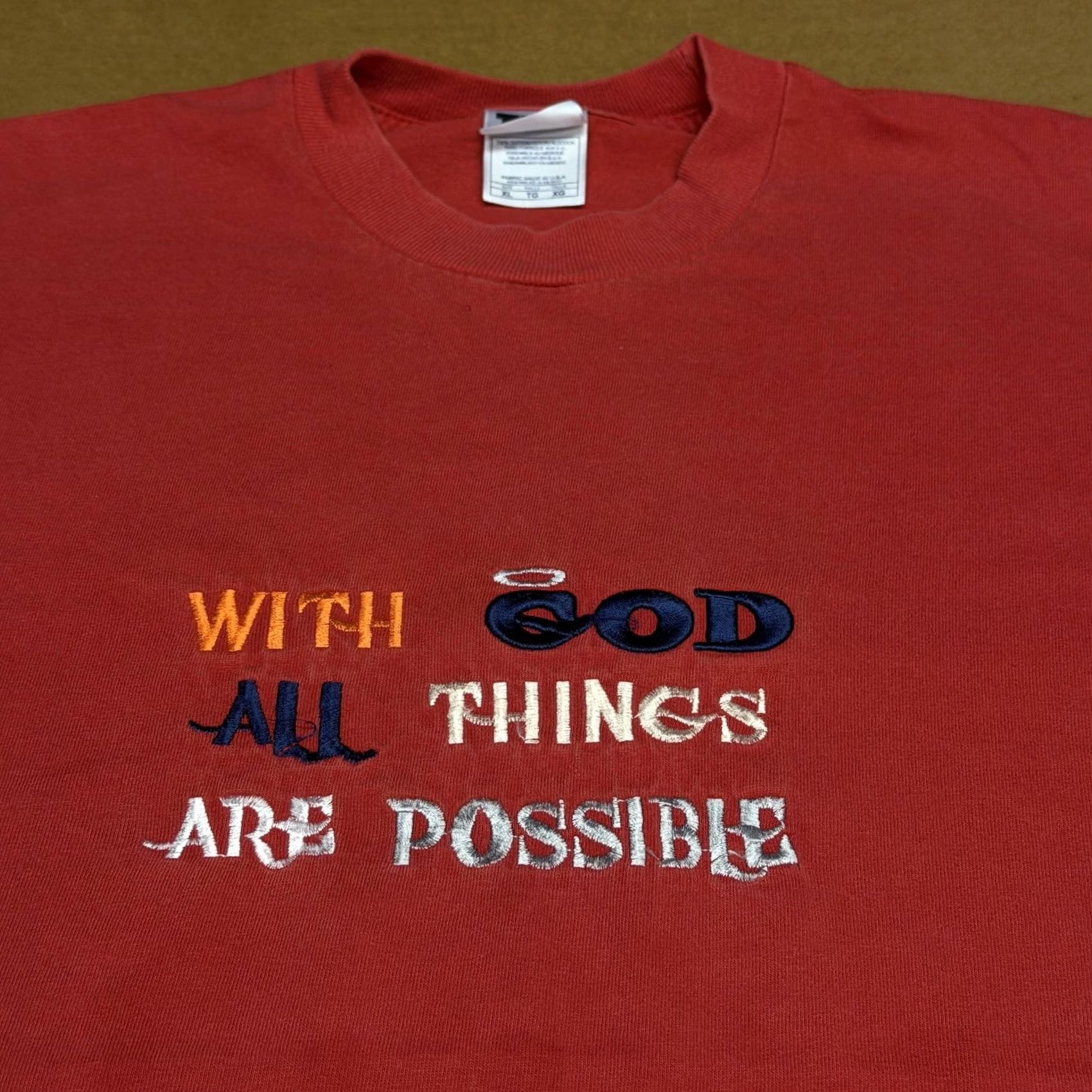 Vintage Shirt Christian Embroidered Red XL Mens With God All Things Are Possible Tee Size US XL / EU 56 / 4 - 2 Thumbnail