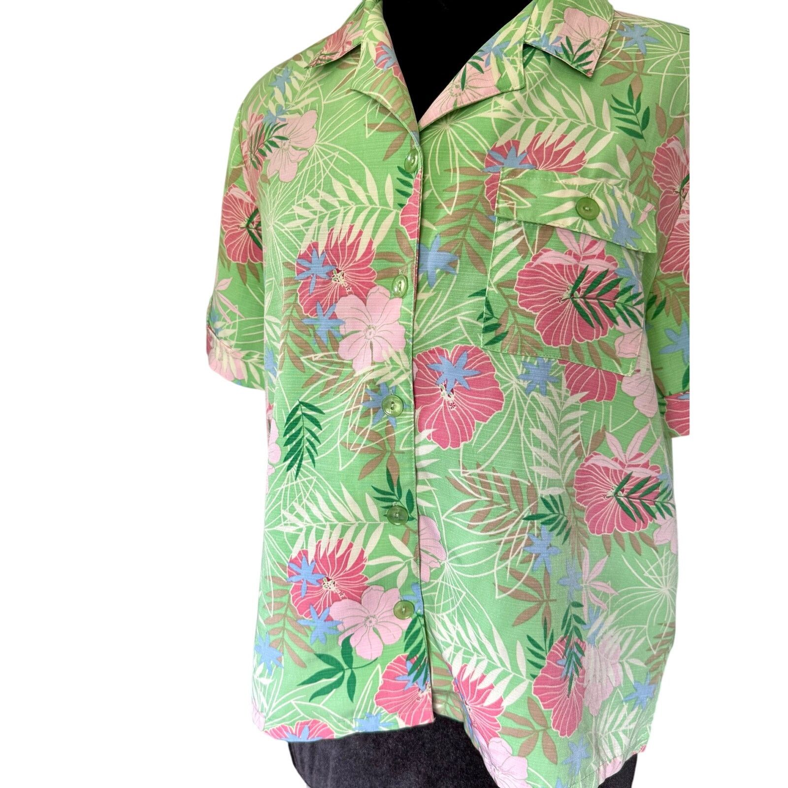 Vintage Vintage 90’s Sag Harbor Green Pink Hawaiian Blouse Medium Size M / US 6-8 / IT 42-44 - 3 Thumbnail